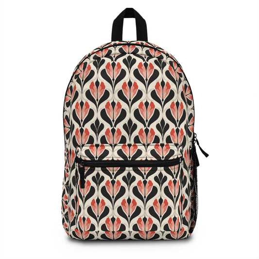 Art Deco Elegance Red Floral Motif on Cream Lightweight Stylish Durable Backpack (Made in USA)