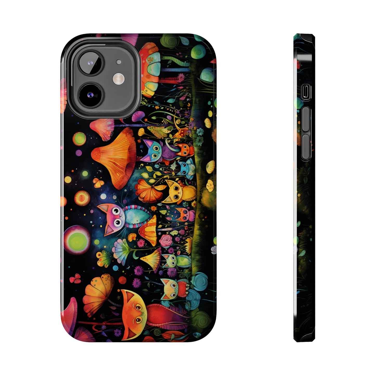 Mystical Cats Amidst a Garden of Flowers and Mushrooms, Beneath a Starry Sky Iphone Tough Phone Case