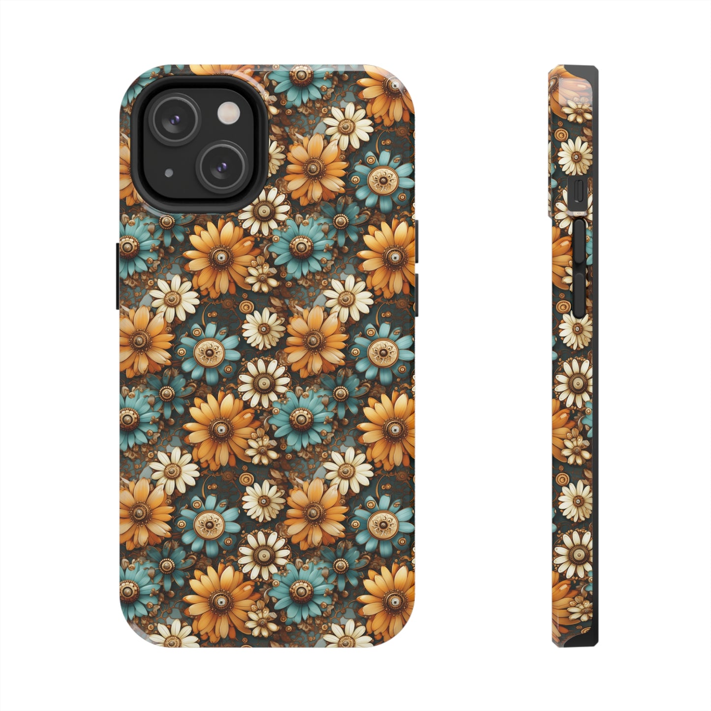 Victorian Steampunk Cream Gold and Teal Flowers with Gears and Mechanical Elements Iphone Tough Phone Case