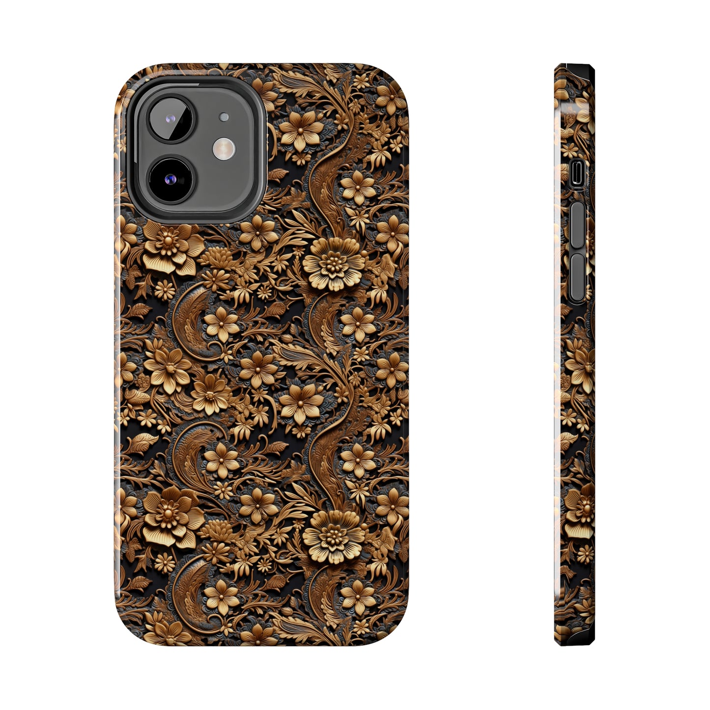 Tooled Leather Large Gold Flowers with Blue Leaf Swirl Accents Print Design Iphone Tough Phone Case