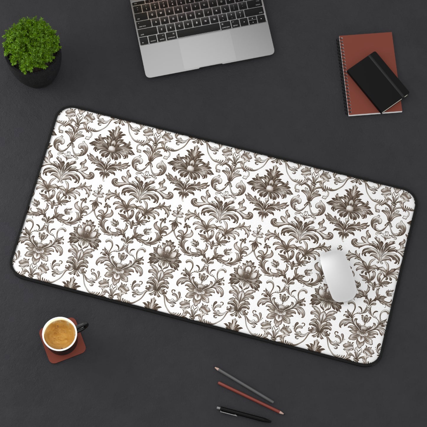 Timeless Rococo Elegance in Detailed Brown and White Floral Pattern Gaming Mouse Pad  Desk Mat  - 3 Sizes