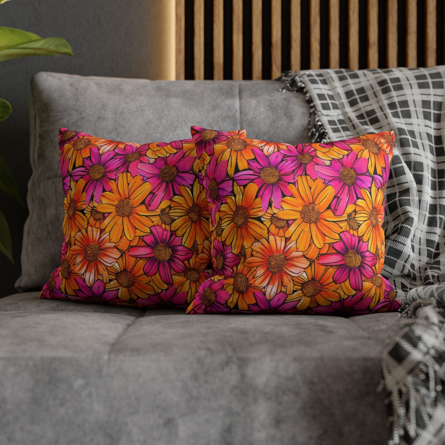 Vibrant Daisy Delight with Bold Orange and Pink Spun Polyester Square Pillowcase 4 Sizes