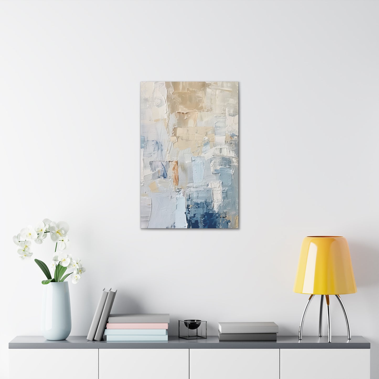 Bold Contrasts Abstract Tan, Grey and Blue Color Blocking with Heavy Strokes Print on Canvas Gallery - 13 Sizes