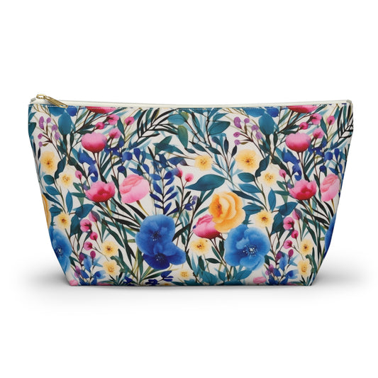 Blooming Brilliance: Large Watercolor Floral Design in Blue, Yellow, and Pink - Makeup & Accessory Bag 2 Sizes