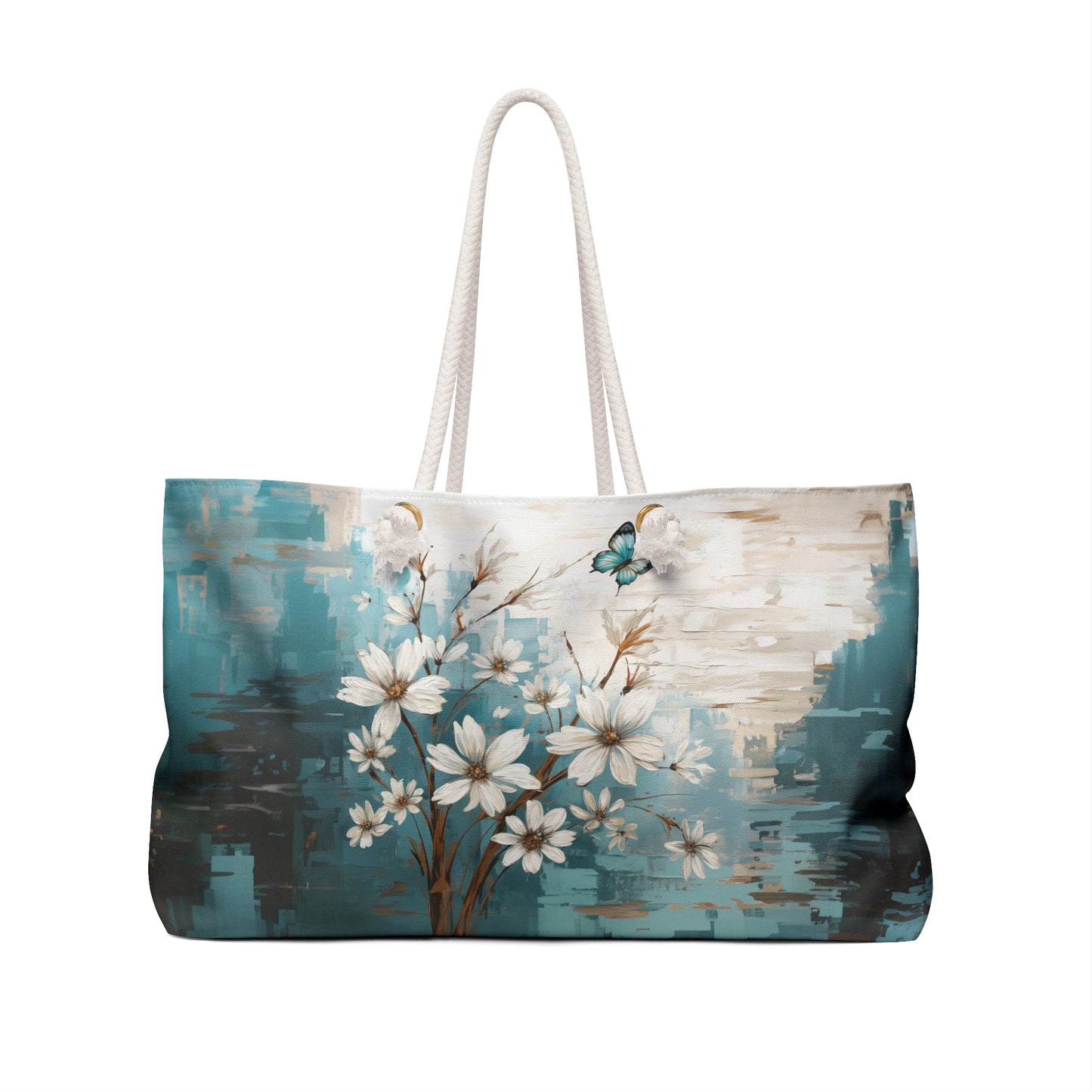 Rustic Farmhouse White and Teal Wild Daisies and Butterflies - Weekender Oversized Canvas Tote Bag 24" × 13"