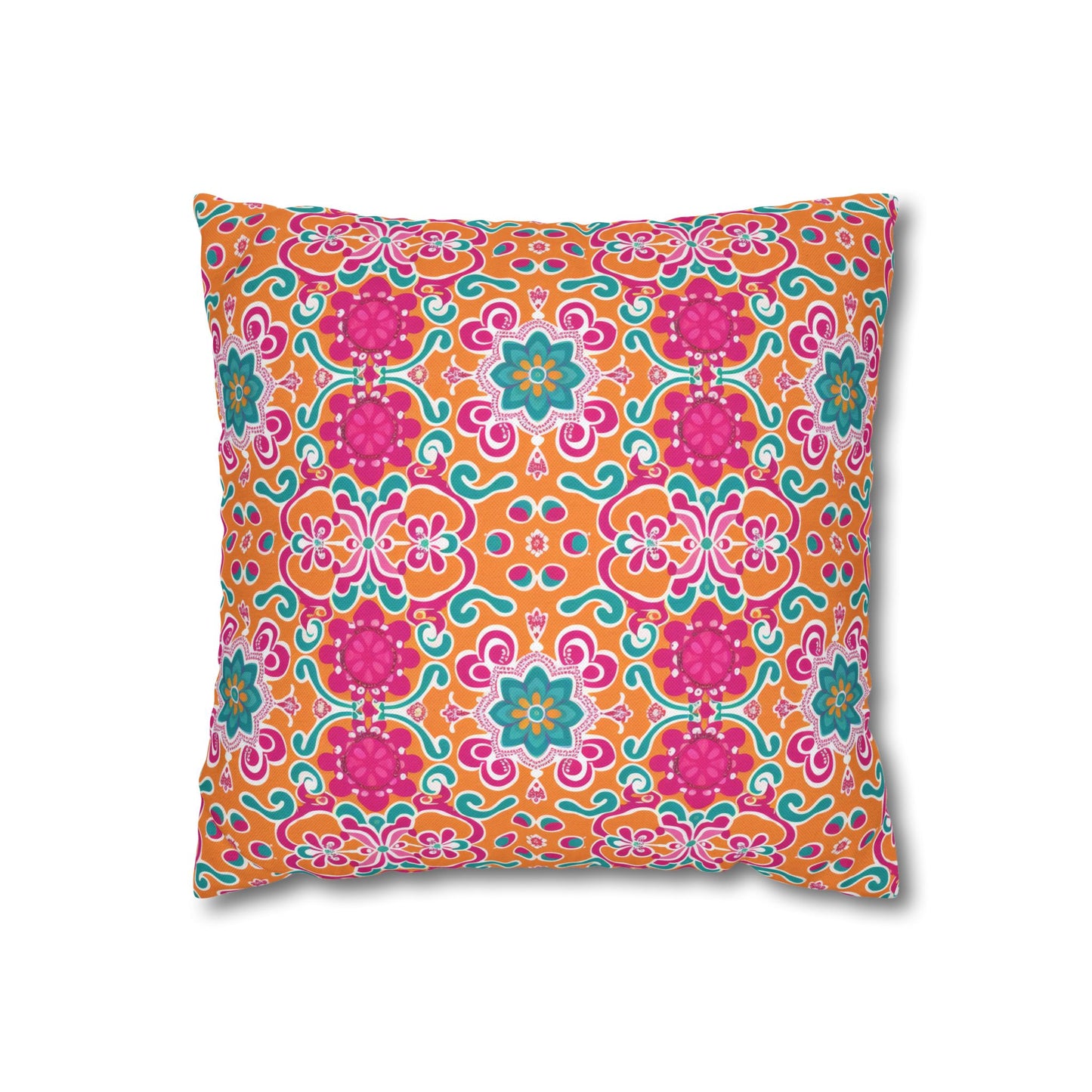 Kaleidoscope of Warm Tangerine, Lush Teal, and Lively Pink Blooms Polyester Square Pillowcase 4 Sizes