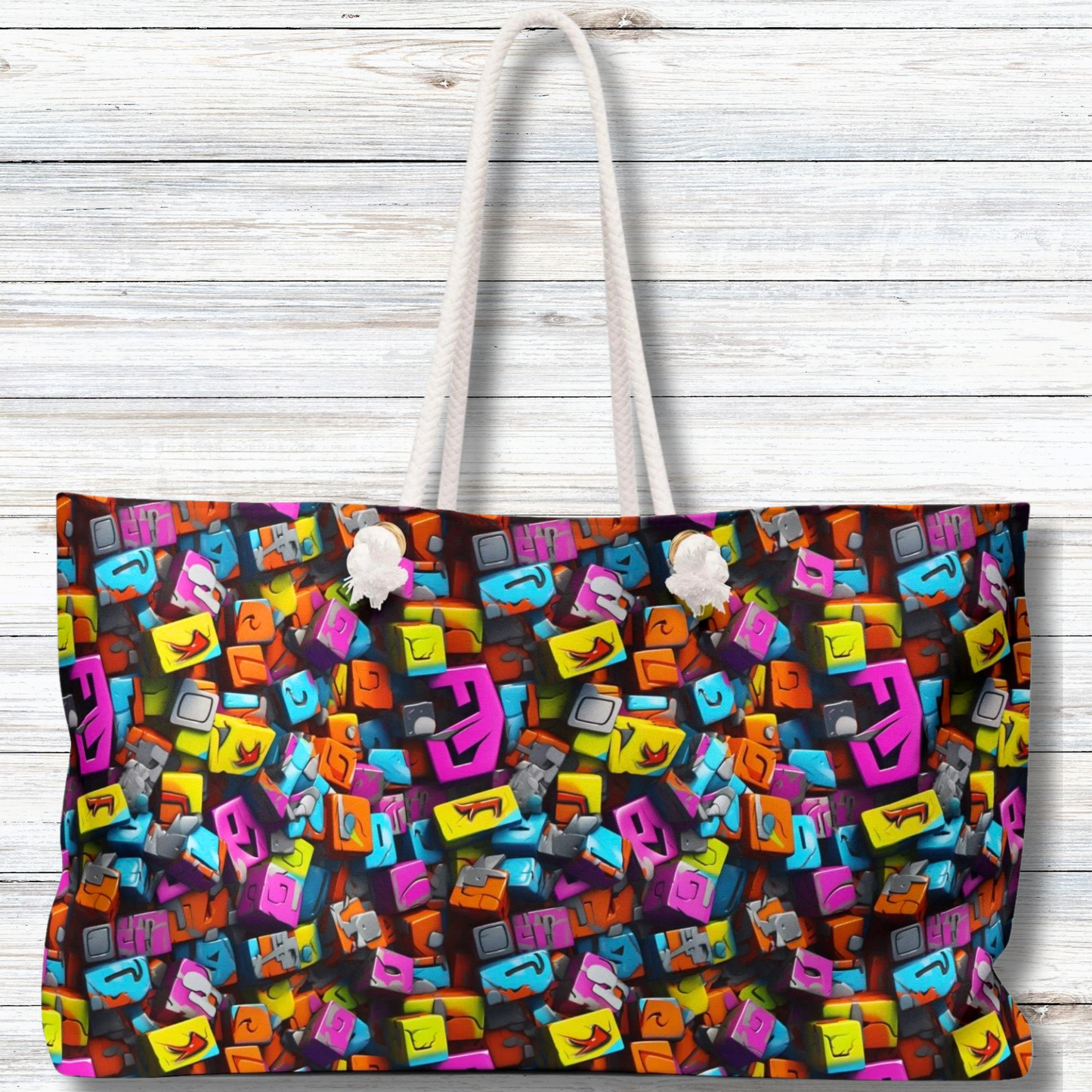 3D Graffiti Blocks in Bold Colors - Weekender Oversized Canvas Tote Bag 24" × 13"