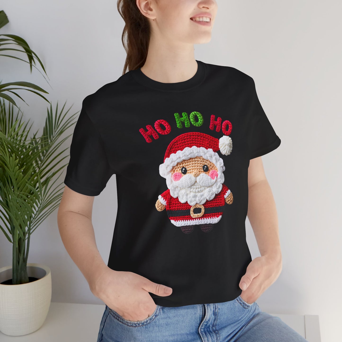 Faux Yarn Crochet Christmas Santa HO HO HO Print Jersey Short Sleeve T-shirt