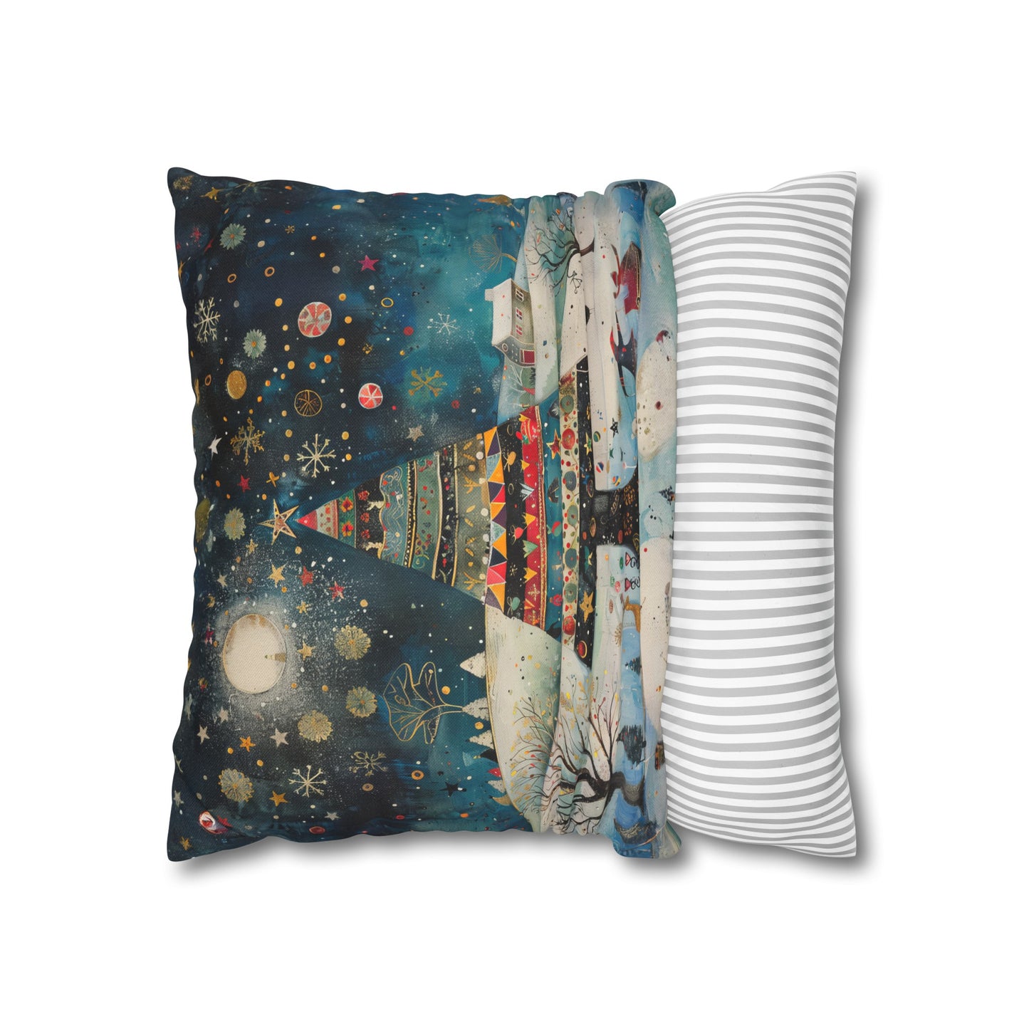 Nighttime Delights: Folk Art Christmas Tree Illuminating a Town, with Joyful Children Playing Below Spun Polyester Square Pillowcase 4 Sizes