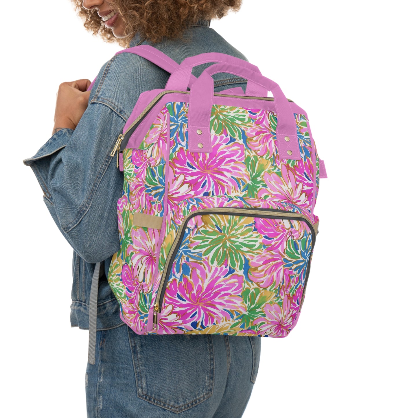 Pastel Bouquet: Large Blooms of Pink, Gold, and Blue in Watercolor Multifunctional Diaper Backpack