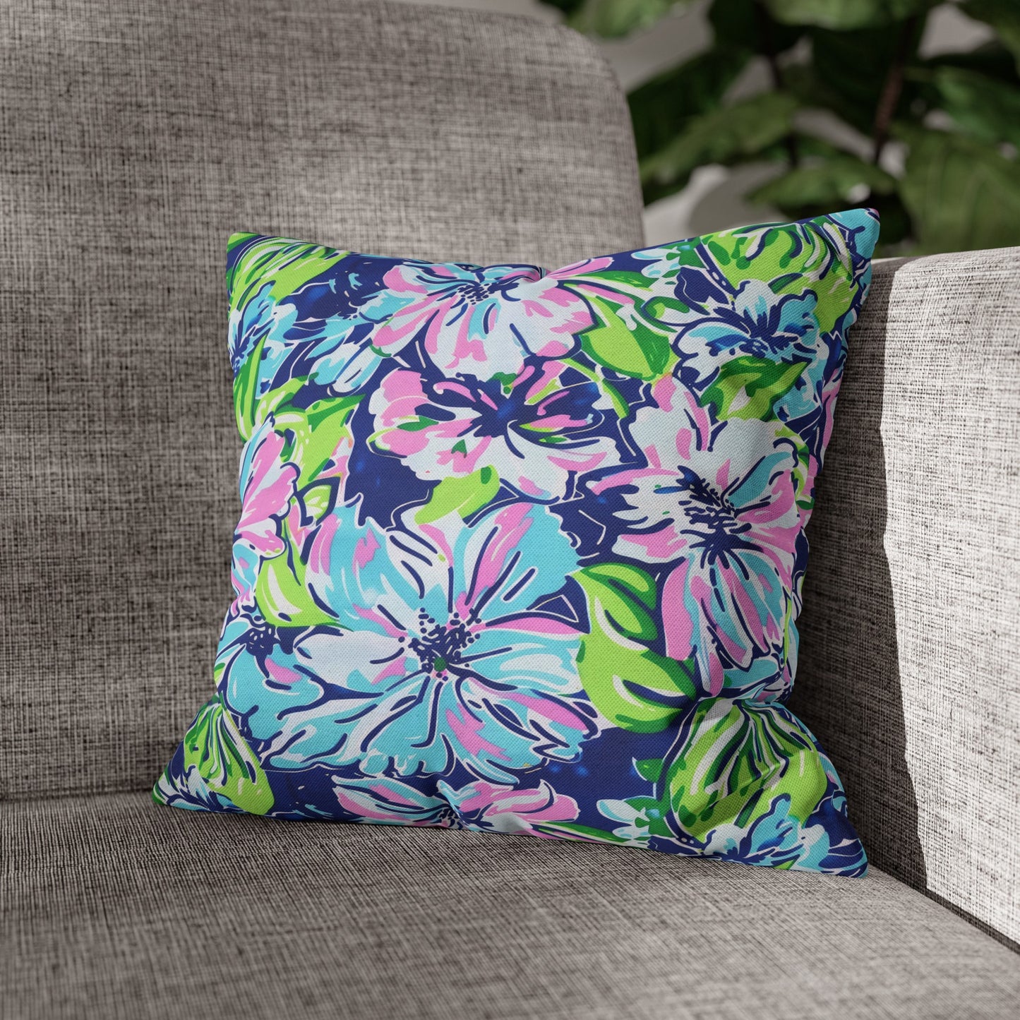 Seaside Coastal Pink, Navy, and Green Tropical Blooms Spun Polyester Square Pillowcase 4 Sizes