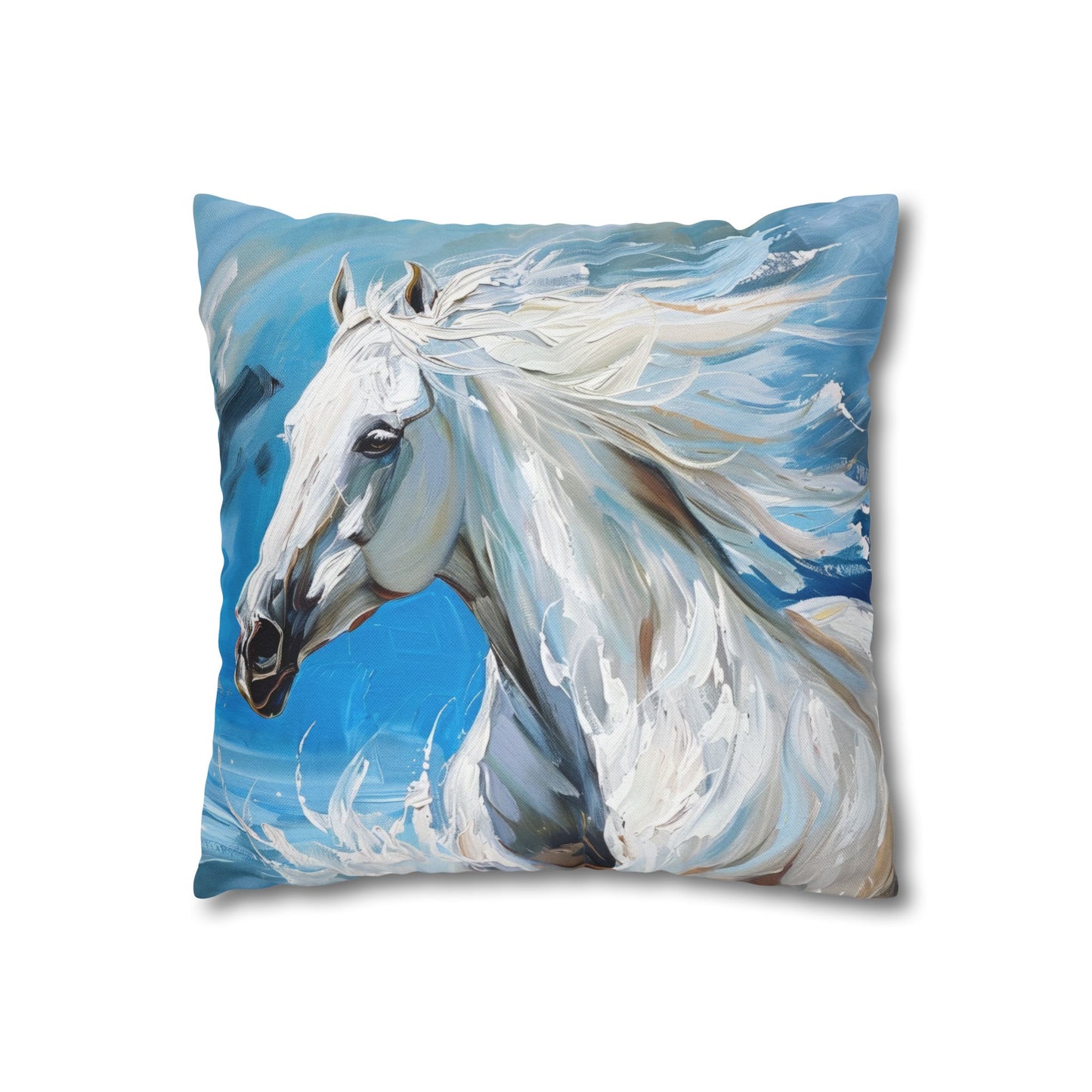 Majestic White Stallion Galloping Along the Oceans Edge Spun Polyester Square Pillowcase 4 Sizes