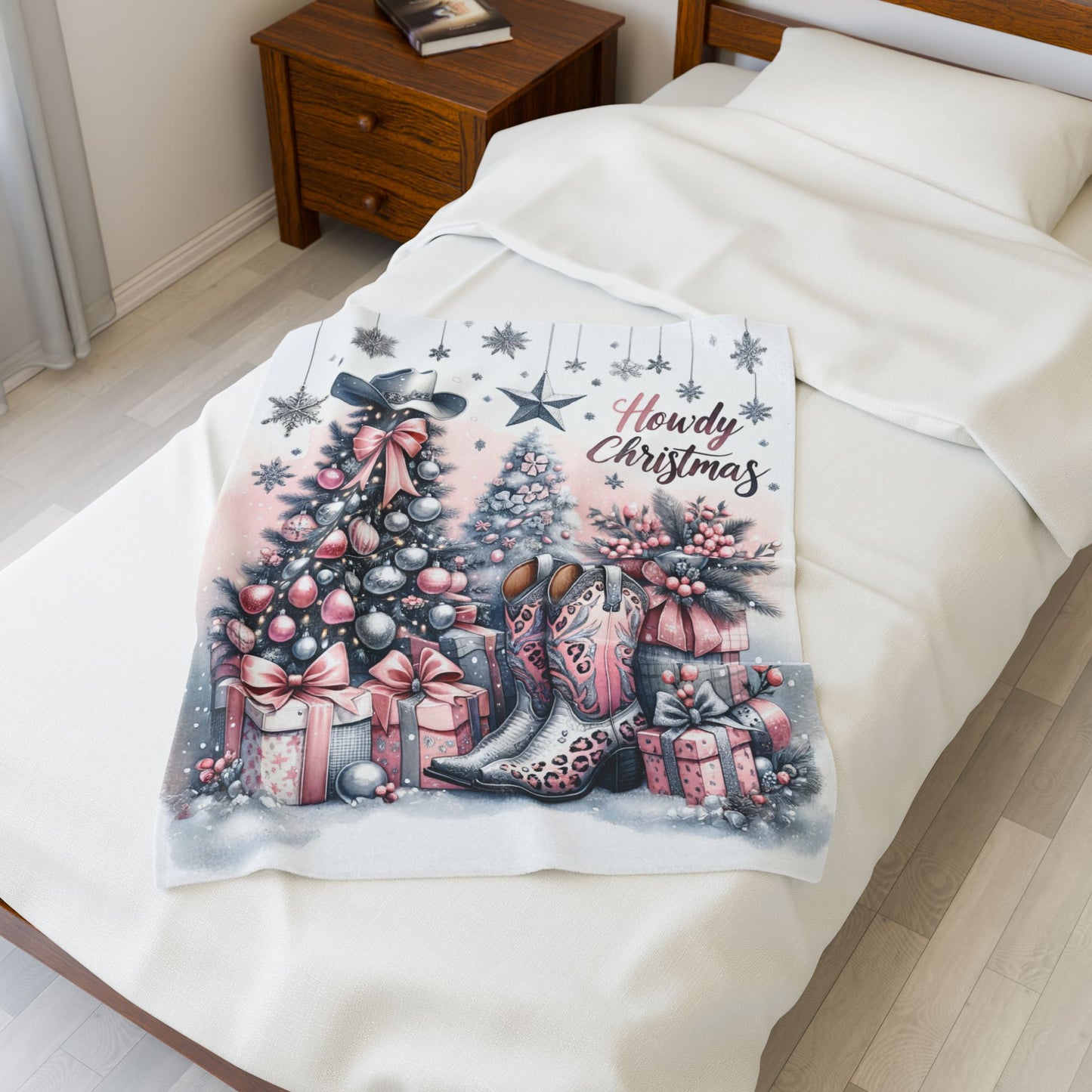 Country Western Howdy Christmas Pink Sparkle Velveteen Plush Blanket 3 Sizes