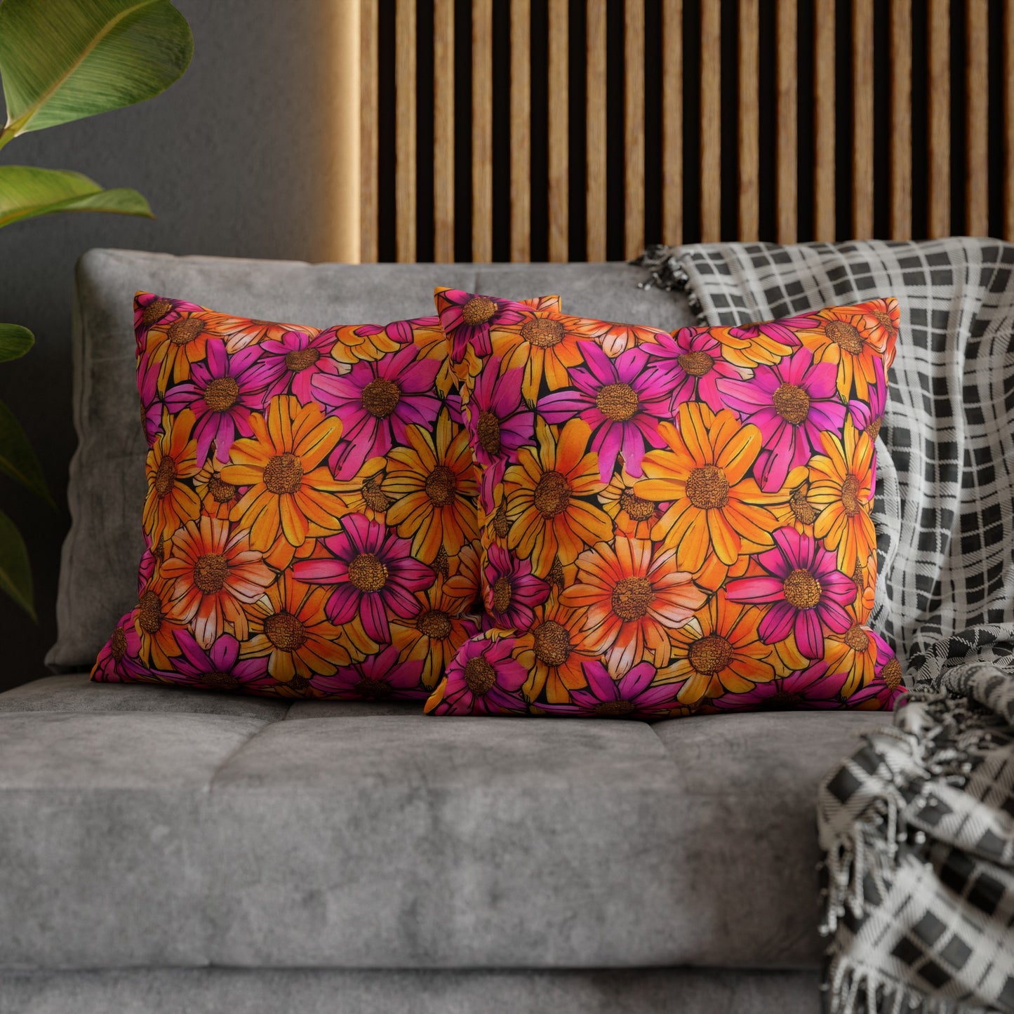 Vibrant Daisy Delight with Bold Orange and Pink Spun Polyester Square Pillowcase 4 Sizes