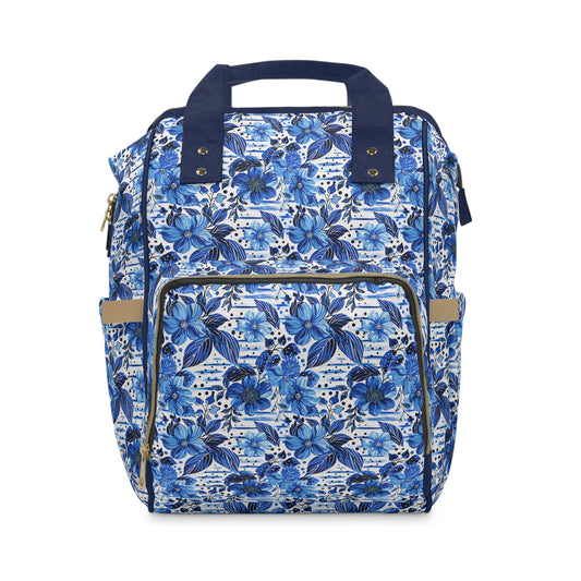 Floral Symphony in Shades of Blue, Harmonized with Abstract Lines Multifunctional Diaper Backpack