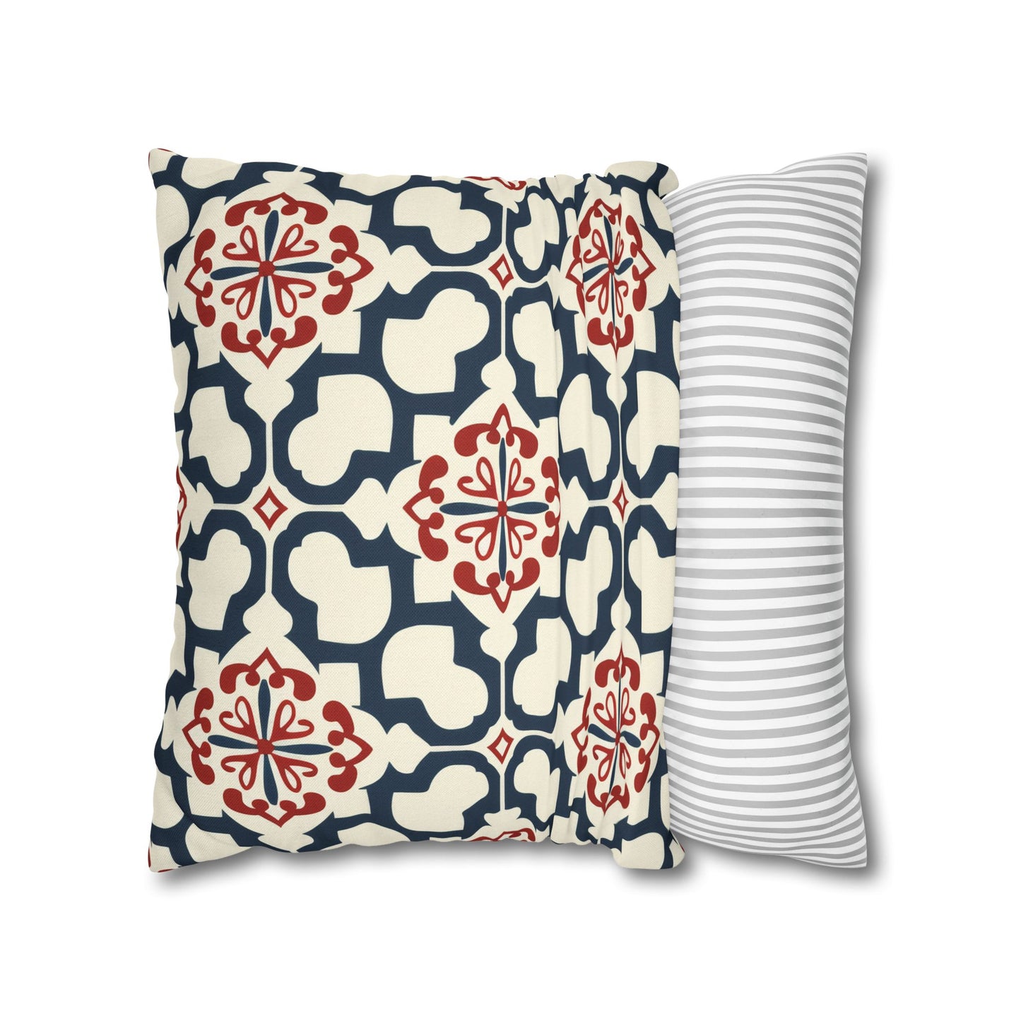 Traditional Korean Elegance in Bold Red and Navy Geometric Tile Pattern Spun Polyester Square Pillowcase 4 Sizes