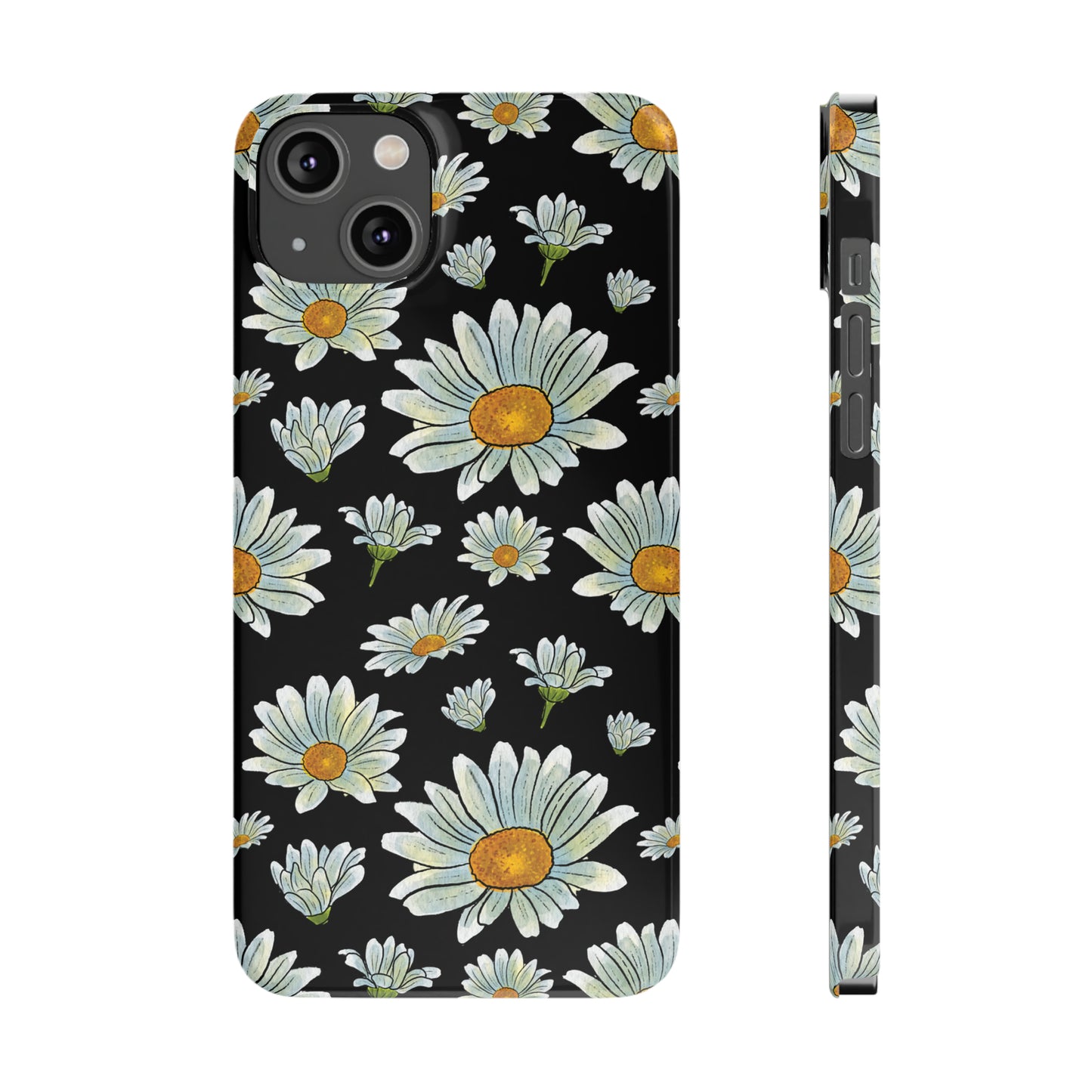 Large Watercolor Summer Daisies Blooming Against a Bold Black Background Iphone 15-12 Slim Phone Case