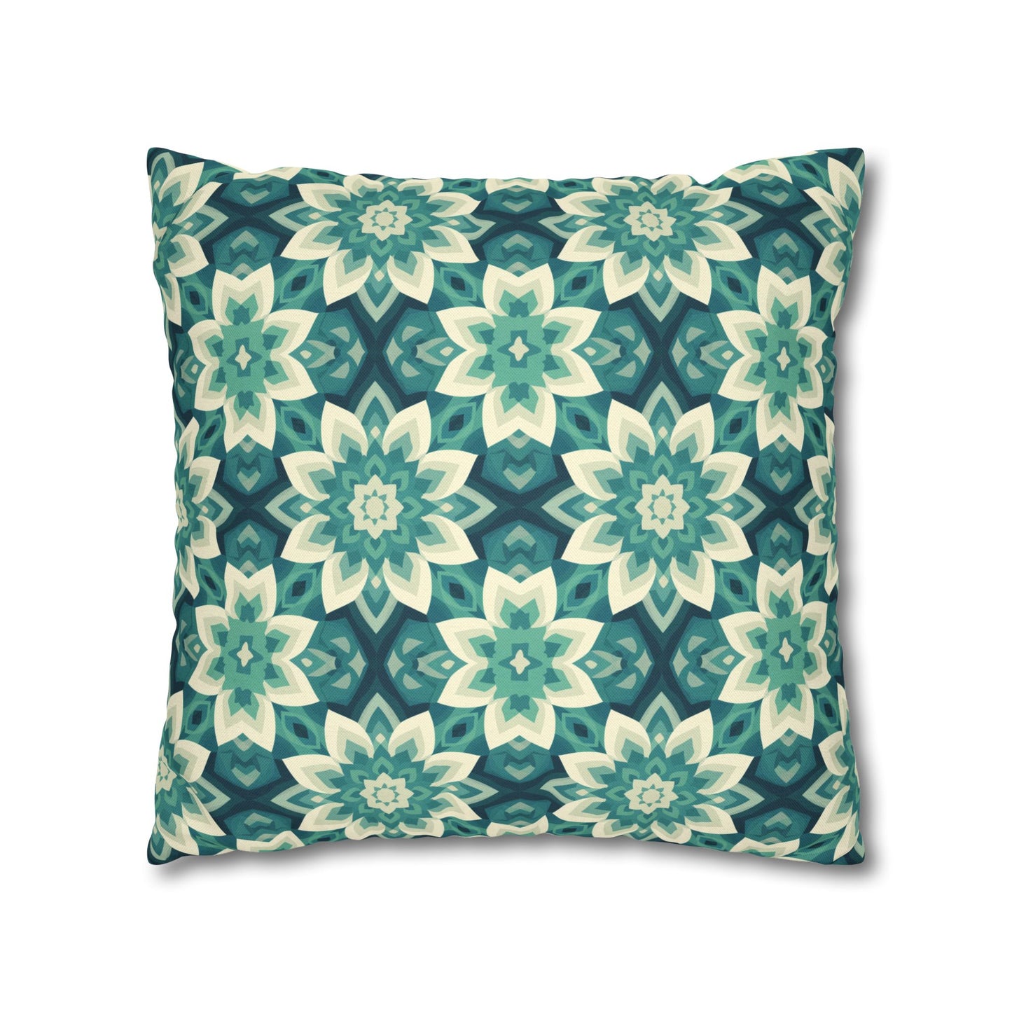 Intricate Aqua and Teal Mandala Floral Pattern Spun Polyester Square Pillowcase 4 Sizes