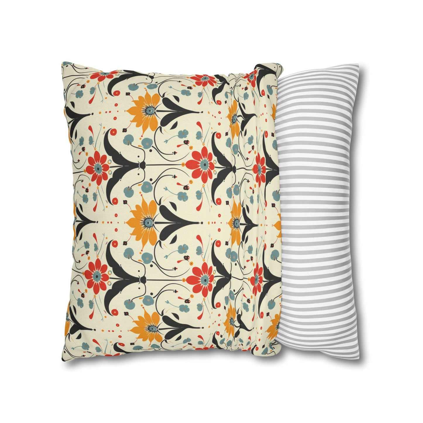 Whimsical Retro Garden in Muted Yellow, Red and Blues Spun Polyester Square Pillowcase 4 Sizes