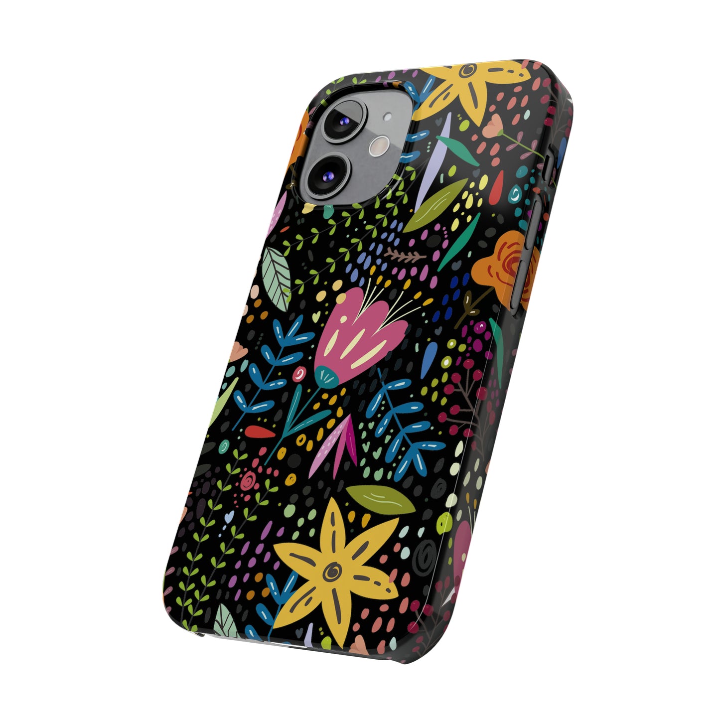 Springtime Splendor: Hand-Drawn Flowers Bursting with Vibrant Colors Design on Black Iphone 15-12 Slim Phone Case