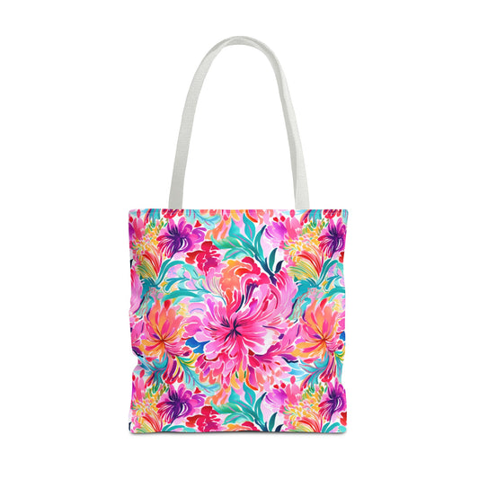 Rainbow Tropics: Watercolor Flowers in Vibrant Pink, Green and Orange Hues Canvas Tote Bag 3 Sizes