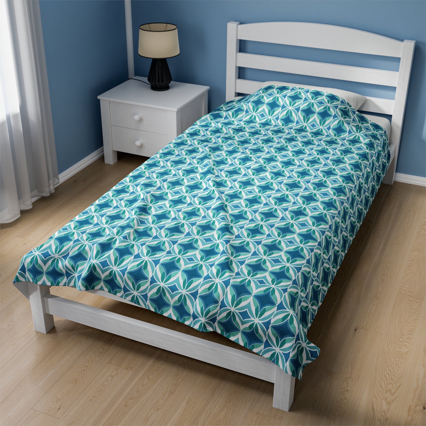 Retro Abstract Blue, Teal, and Aqua Pattern Velveteen Plush Blanket 3 Sizes