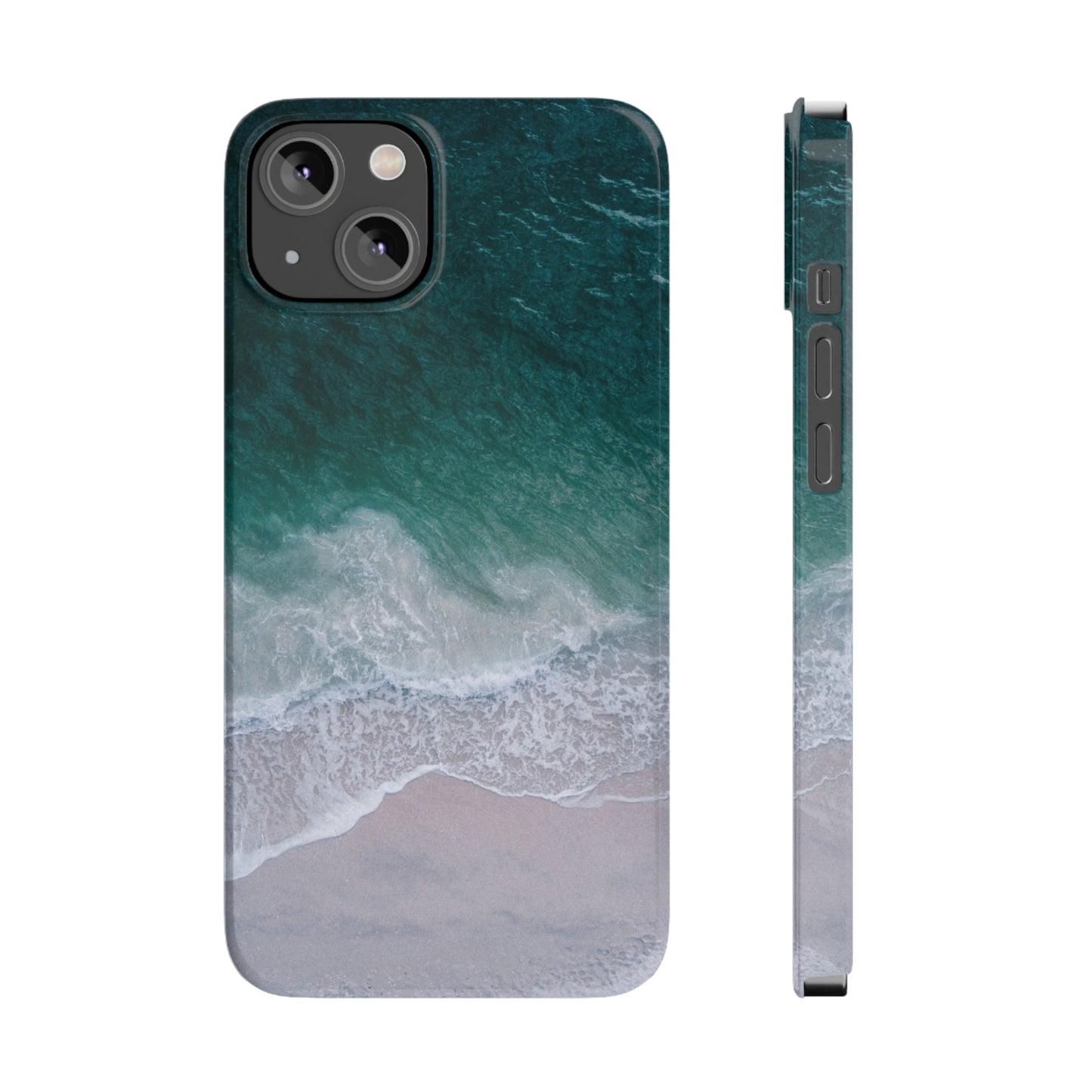 Ocean's Embrace: Deep Green Waters with White Waves Crashing onto the Beach Design Iphone 15-12 Slim Phone Case