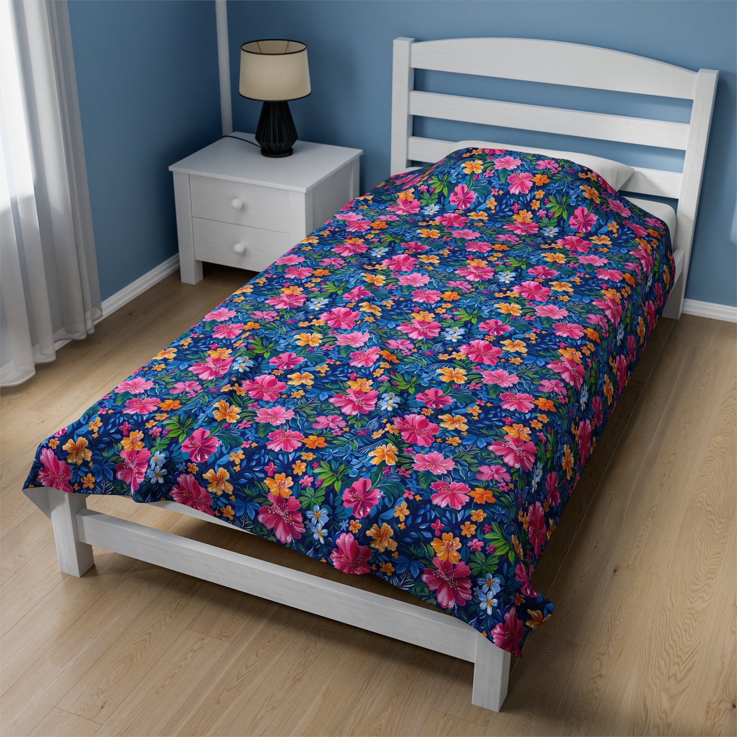 Tropical Sunrise Bloom: Pink Watercolor Flowers with Yellow and Blue Accents Velveteen Plush Blanket 3 Sizes