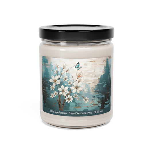 Rustic Farmhouse White and Teal Wild Daisies and Butterflies Scented Soy 9oz Candle in 9 Amazing Scents