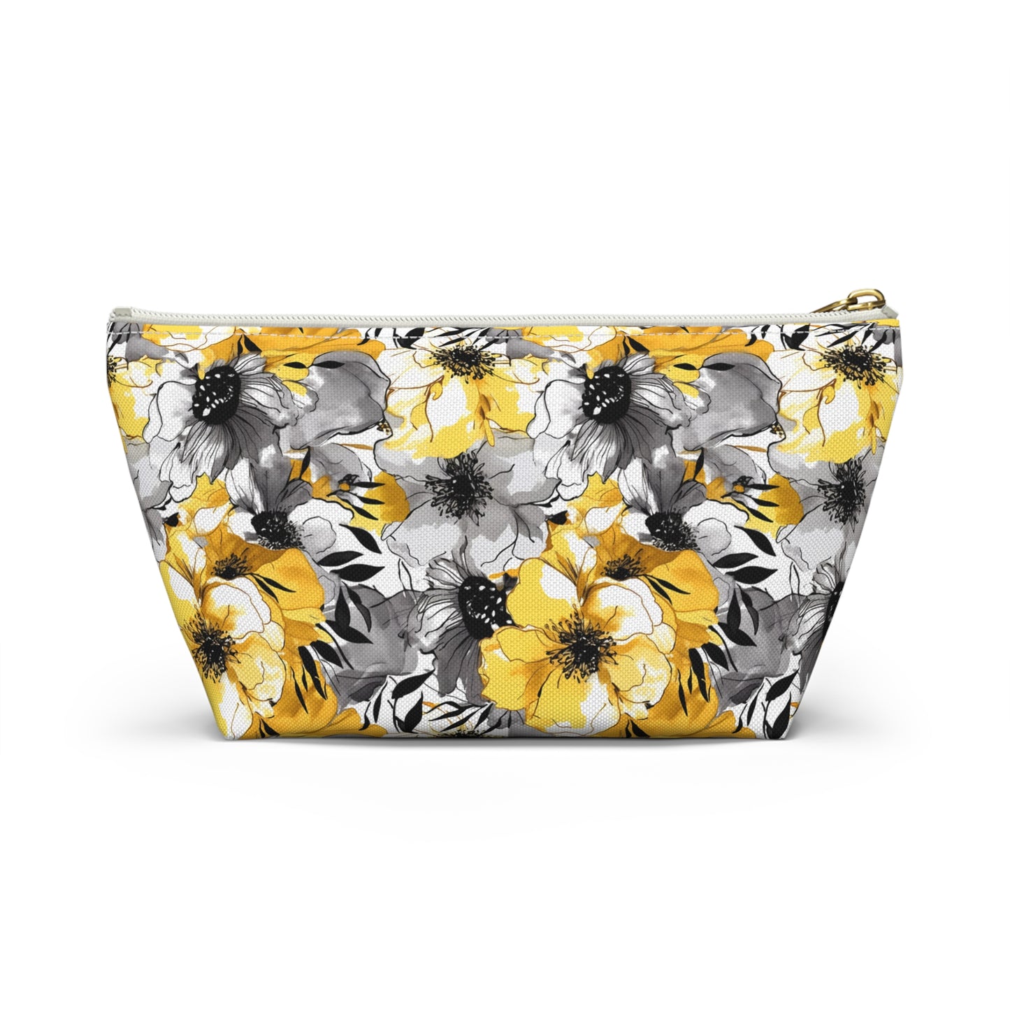 Soothing Radiance: Large Yellow and Grey Watercolor Flower Design - Makeup & Accessory Bag 2 Sizes