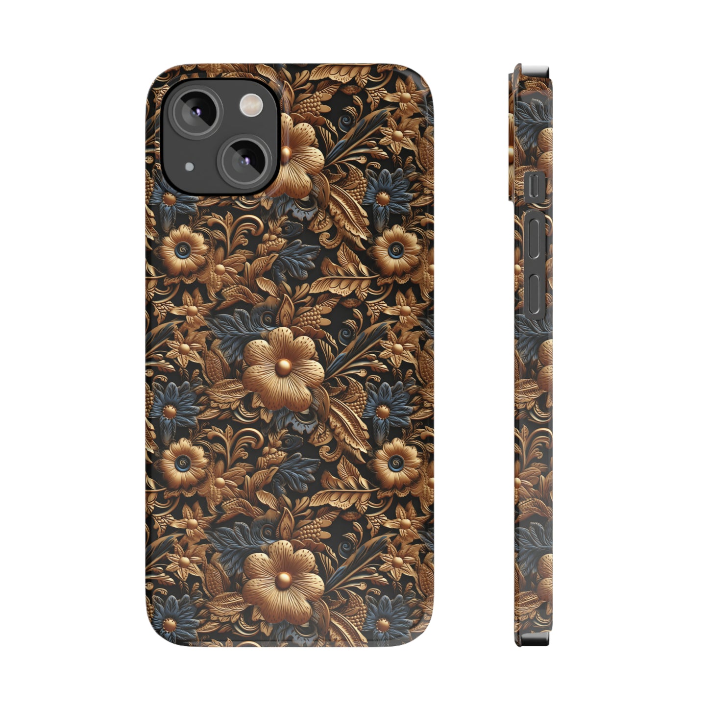 Tooled Leather Gold Flowers with Blue Leaves Accent Print Design Iphone 15-12 Slim Phone Case