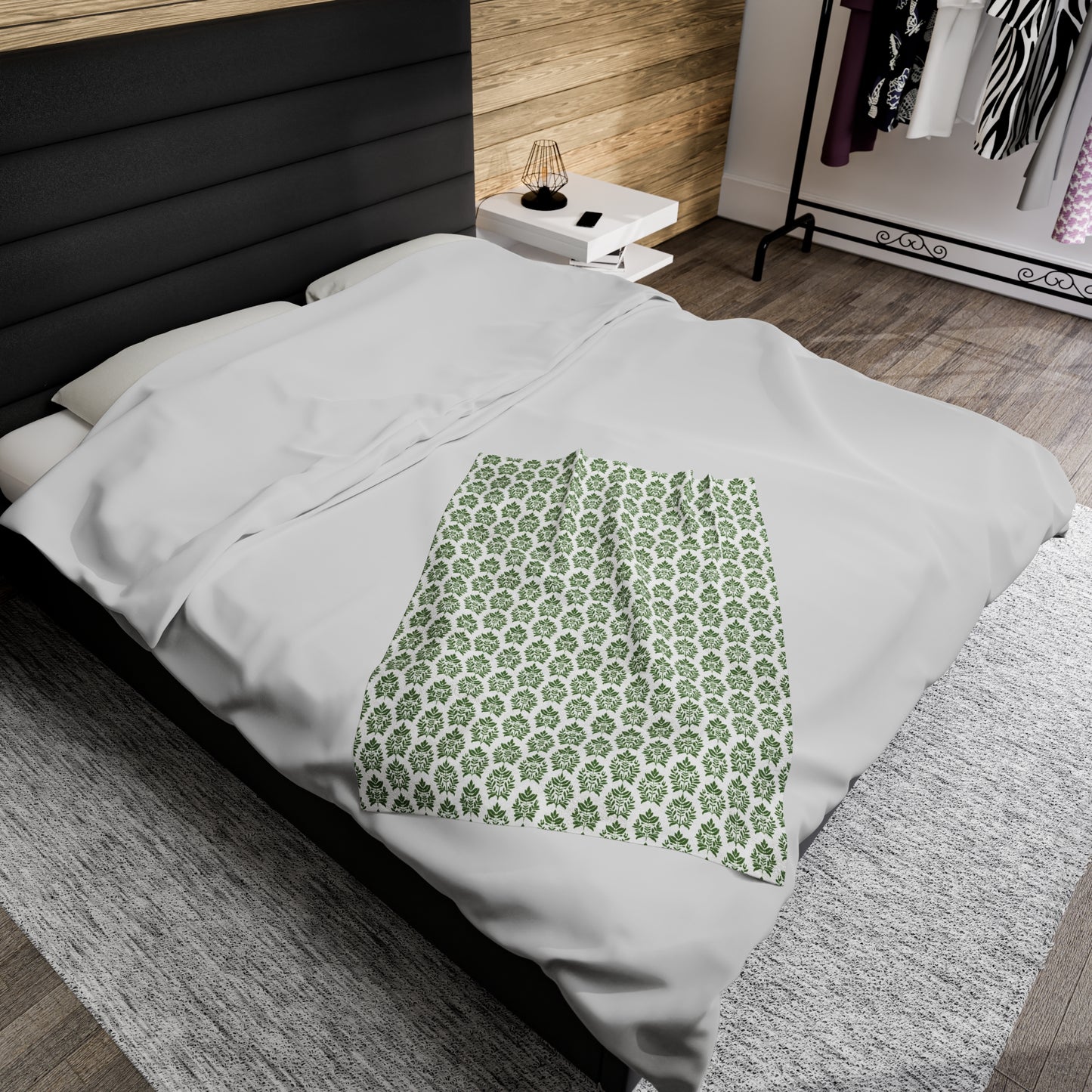 Verdant Harmony in Elegant Green Botanical Block Print Pattern Velveteen Plush Blanket 3 Sizes