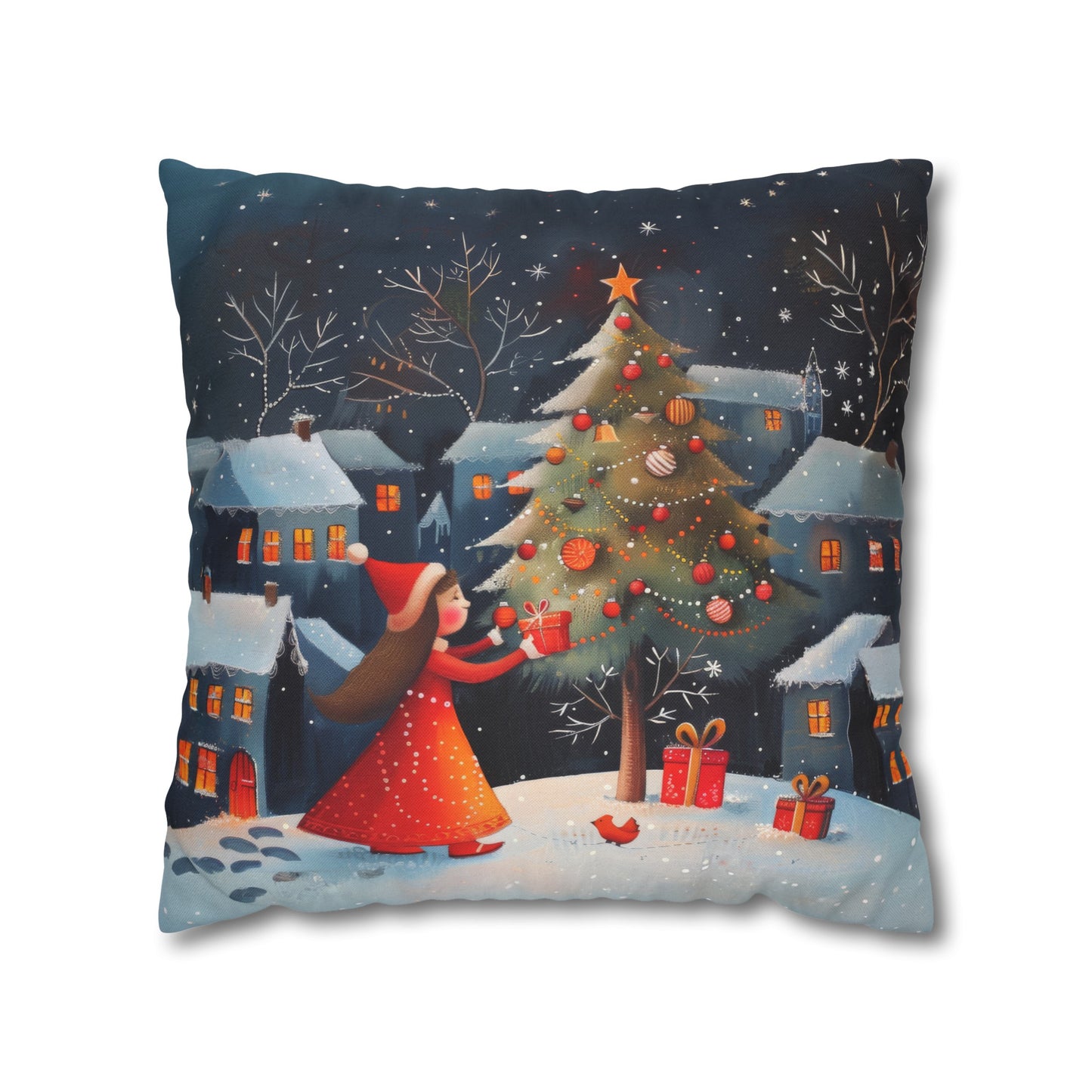 Joyful Surprise: Little Girl Admiring Christmas Tree with Presents Spun Polyester Square Pillowcase 4 Sizes