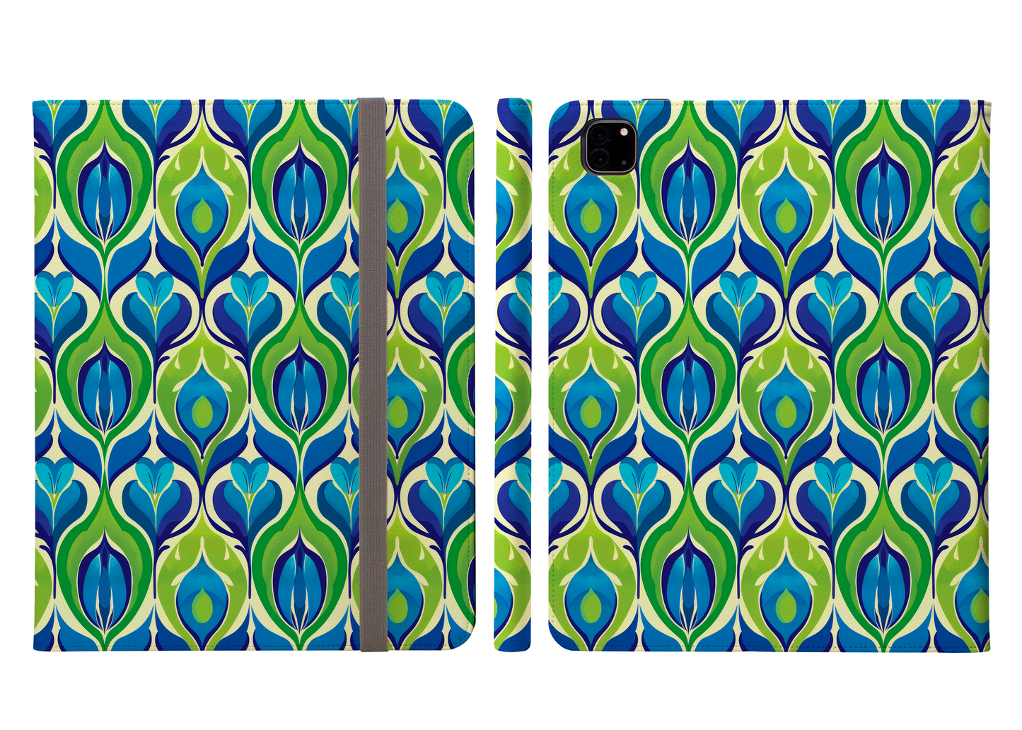 Retro Vibrant Peacock Blue and Green Floral Design Protective iPad Pro 11 & Pro 12.9 Protective Case and Pencil Holder