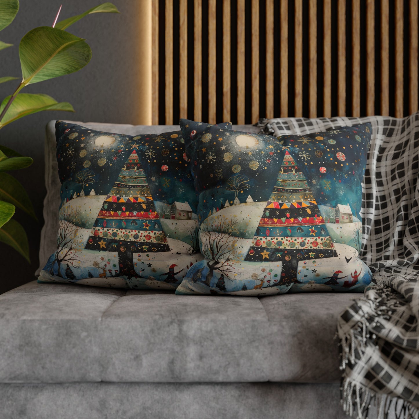 Nighttime Delights: Folk Art Christmas Tree Illuminating a Town, with Joyful Children Playing Below Spun Polyester Square Pillowcase 4 Sizes