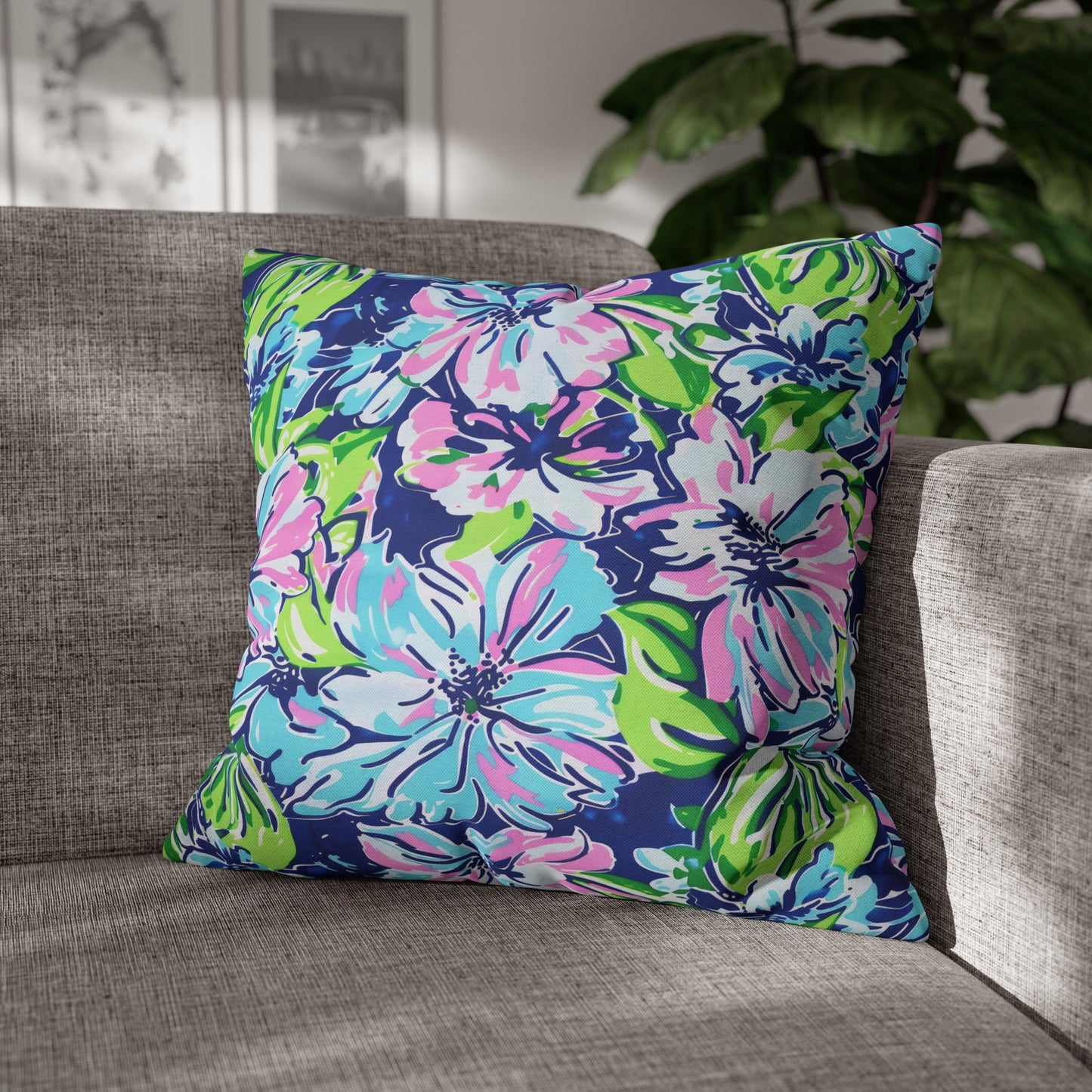 Seaside Coastal Pink, Navy, and Green Tropical Blooms Spun Polyester Square Pillowcase 4 Sizes