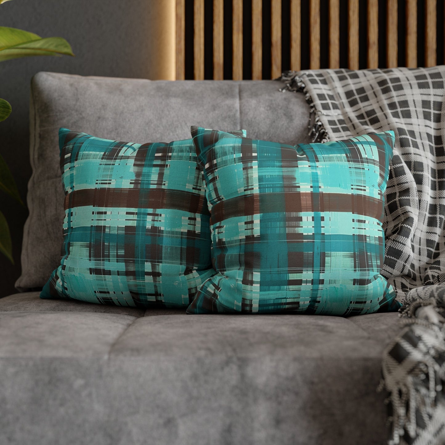 Bold Abstract Watercolor Plaid in Shades of Green and Brown Spun Polyester Square Pillowcase 4 Sizes