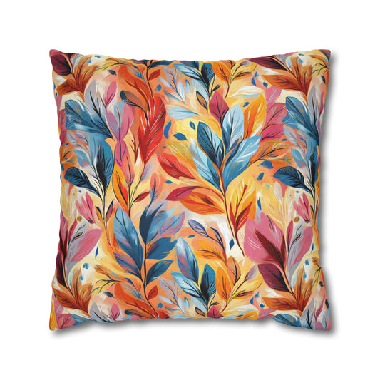 Vibrant Autumn Feathers in Hues of Orange, Yellow, Blue, and Pink on a Textured Background Polyester Square Pillowcase 4 Sizes