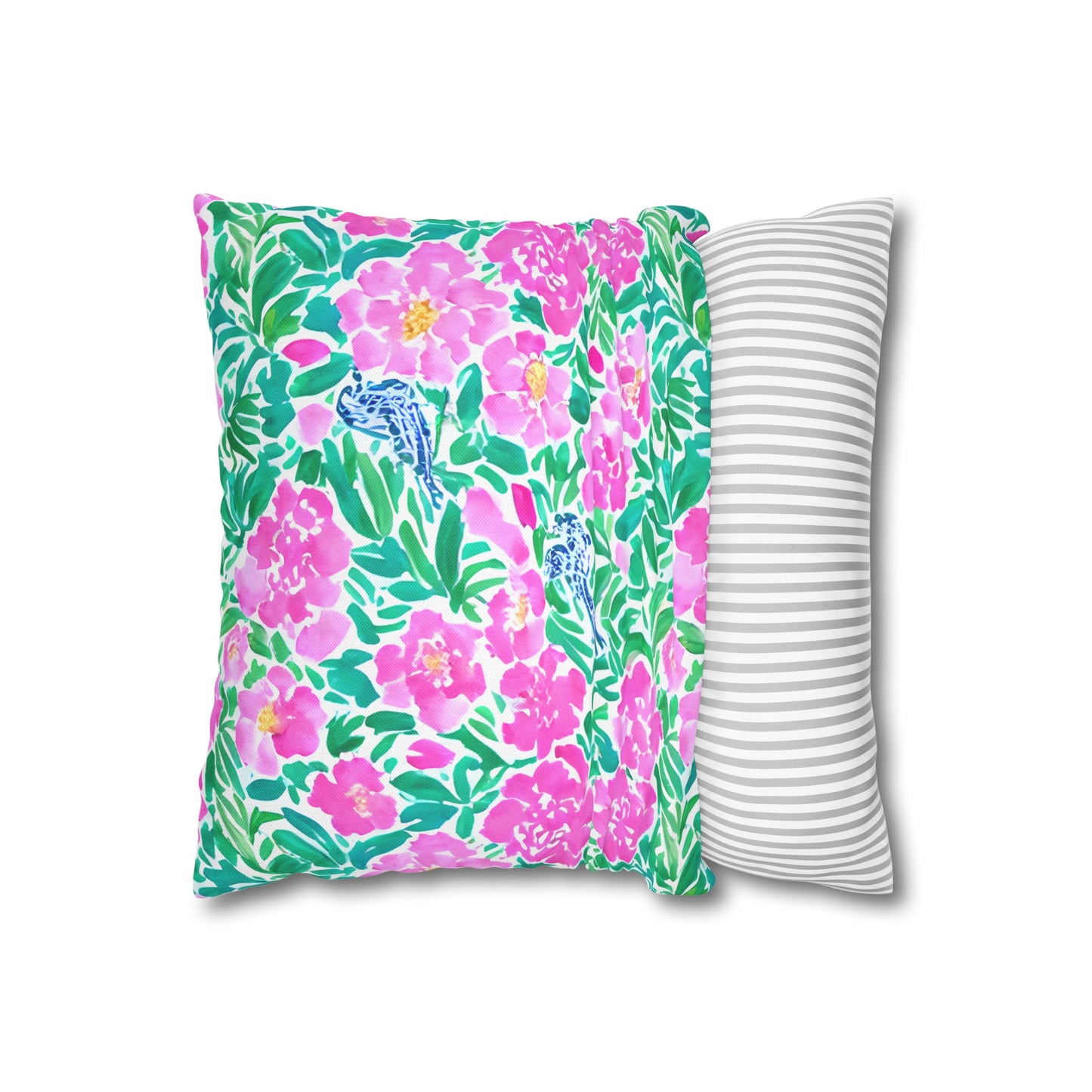 Springtime Whispers: Tiny Birds and Pink Blooms, Subtle Blue Accents, and Lush Green Leaves Spun Polyester Square Pillowcase 4 Sizes