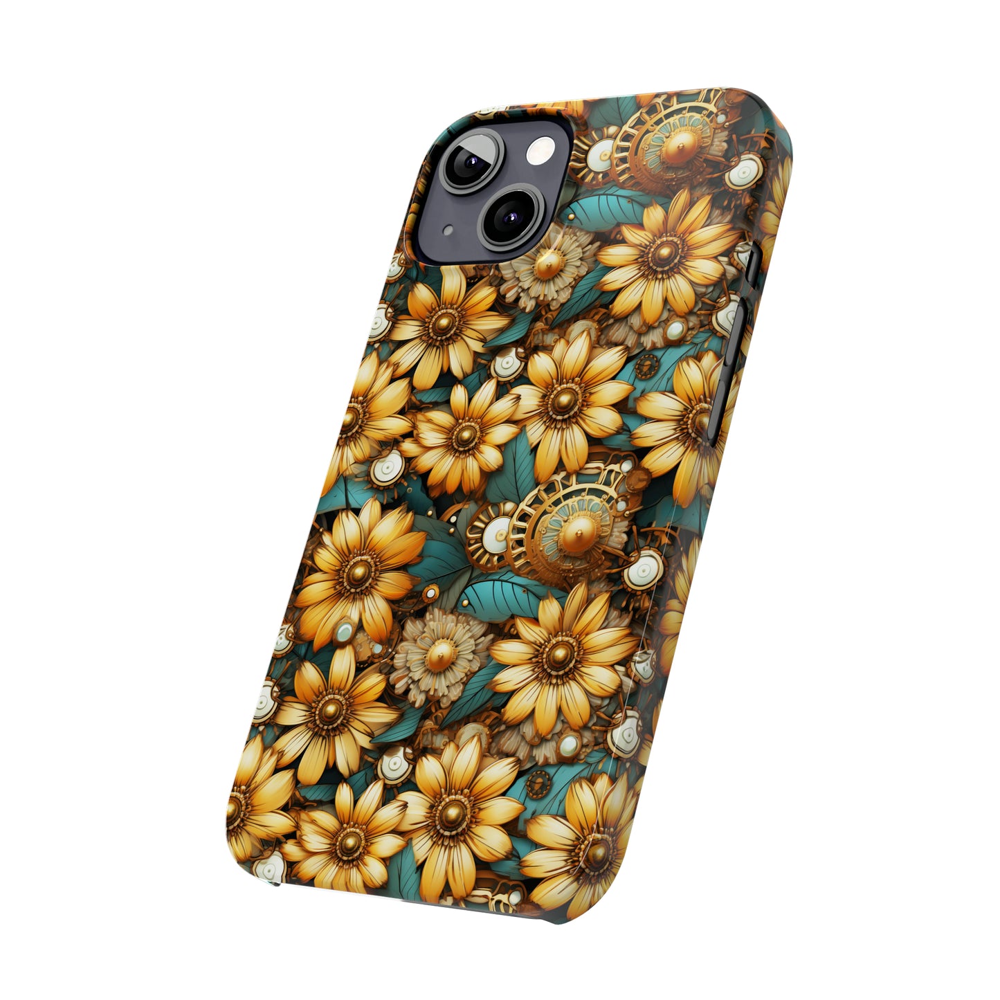 Victorian Steampunk Gold Flowers Teal Background with Gears and Mechanical Elements Iphone 15-12 Slim Phone Case