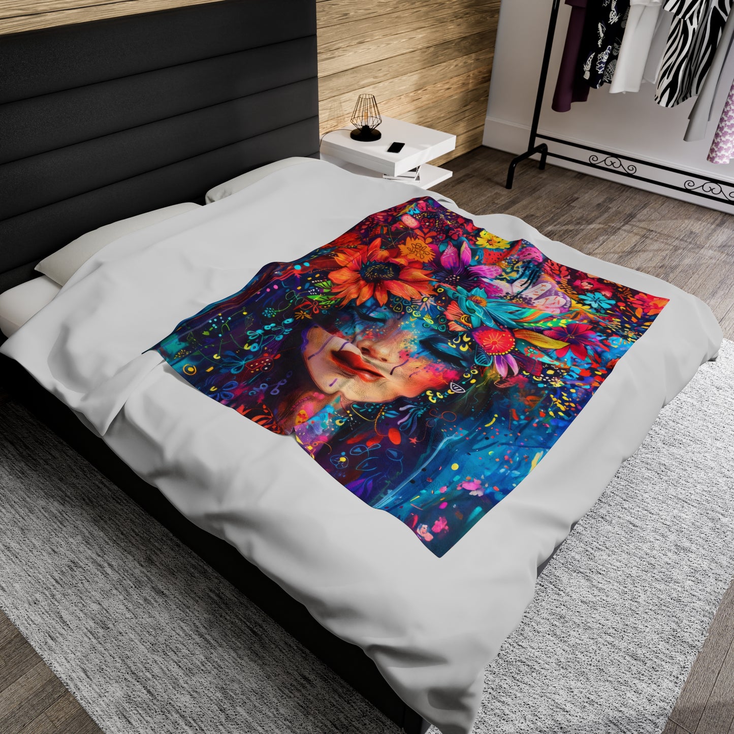 Electric Boho: Neon Flower Girl in Vibrant Hues Velveteen Plush Blanket 3 Sizes