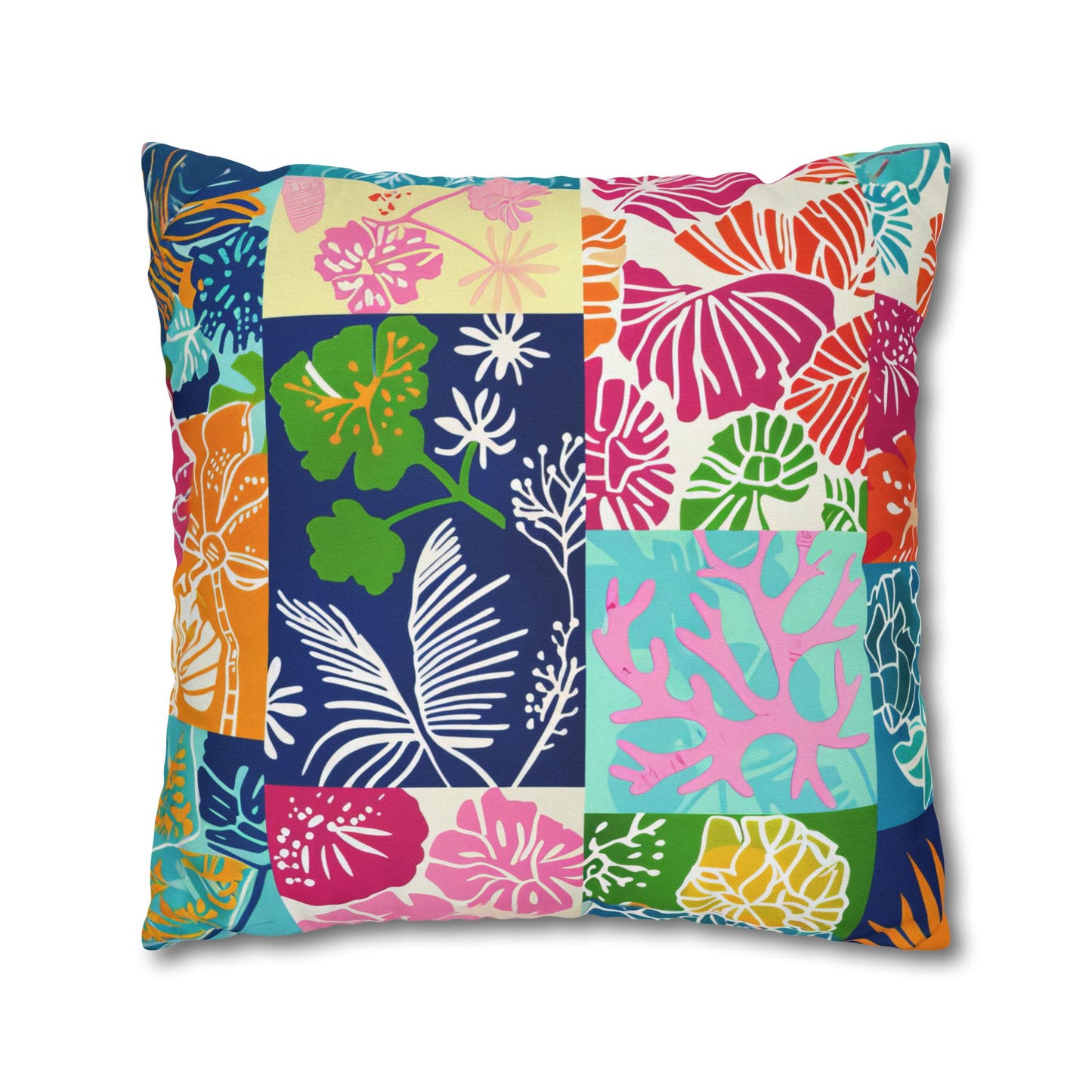 Vibrant Mosaic of Tropical Unique Shapes and Hues, from Vivid Oranges to Deep Blue Leaves and Flowers Spun Polyester Square Pillowcase 4 Sizes