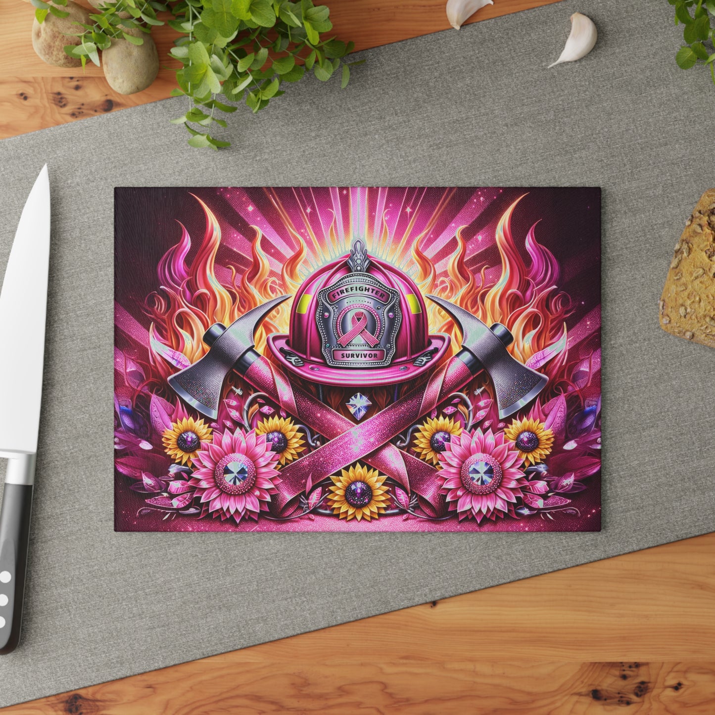 Breast Cancer Pink Ribbon Firefighter Sunflowers Awareness Glass Cutting Board, Charcuterie Serving Tray 2 Sizes