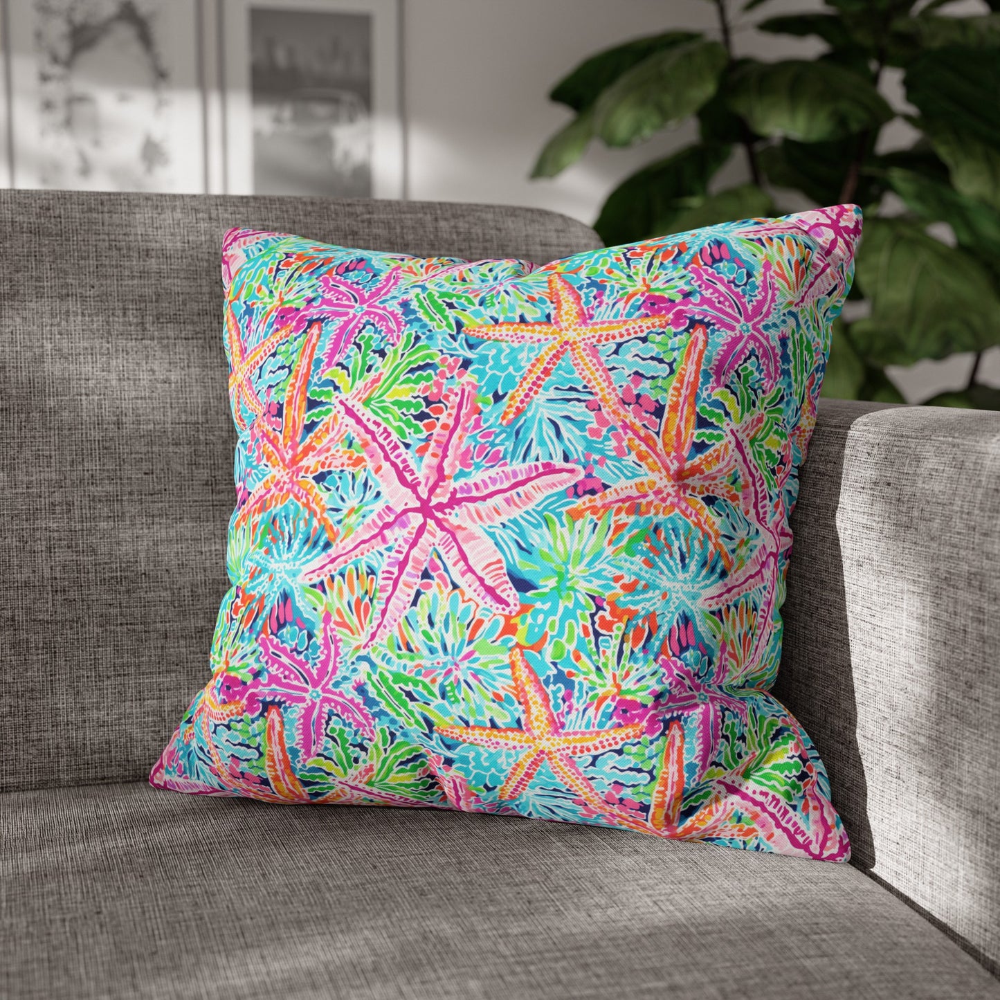 Oceanic Opulence: Vibrant Watercolor Starfish in a Sea of Color Spun Polyester Square Pillowcase 4 Sizes