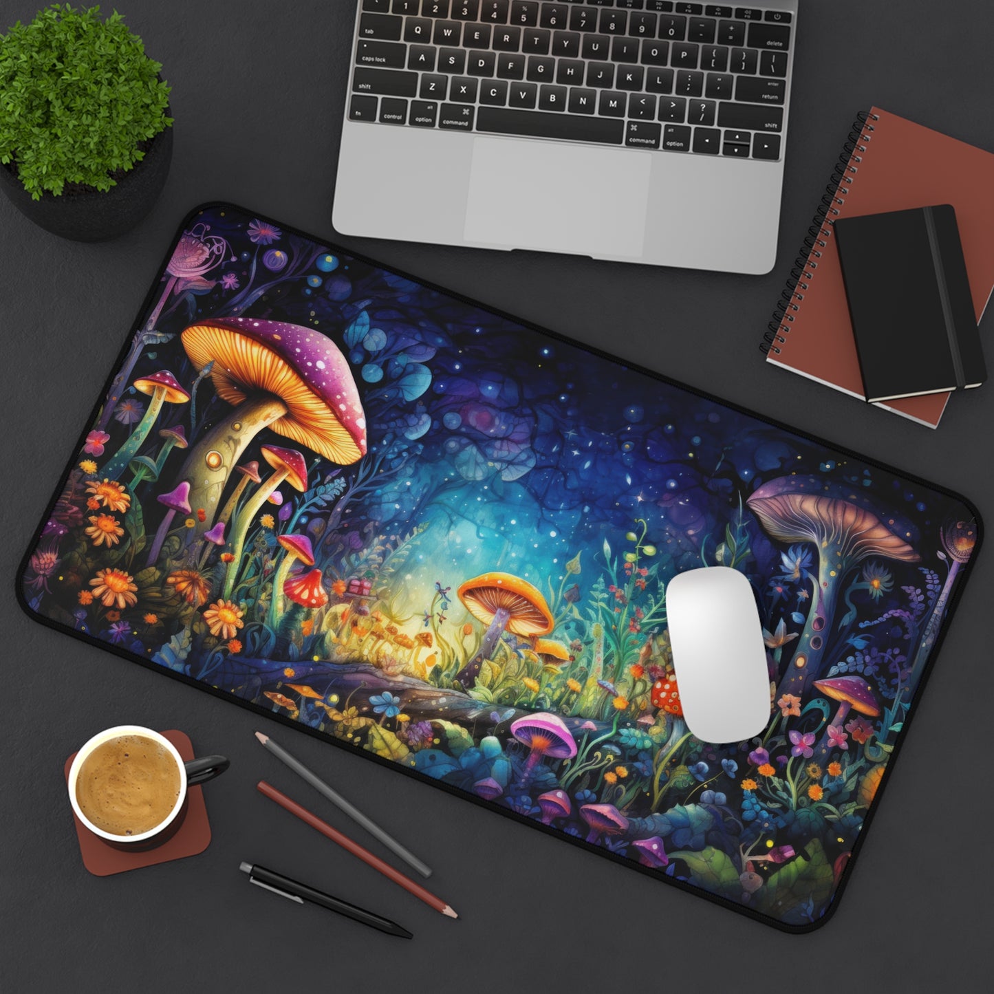 Fantasy Neon Midnight Mushroom and Flower Garden - Desk Mat Extended Gaming Mouse Pad 3 Sizes