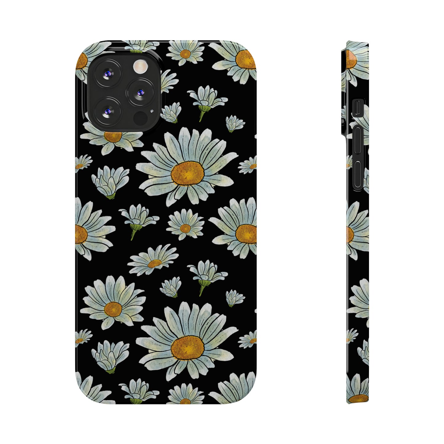 Large Watercolor Summer Daisies Blooming Against a Bold Black Background Iphone 15-12 Slim Phone Case