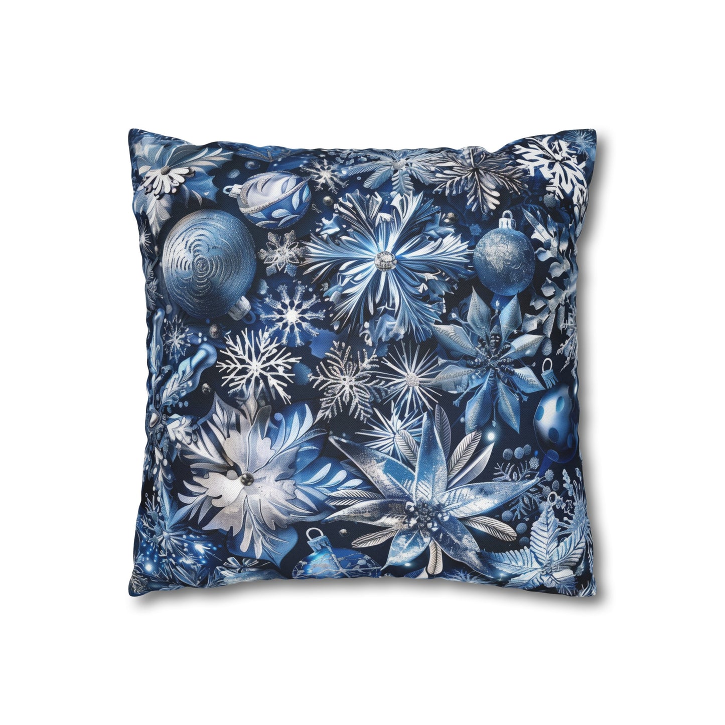 Winter Wonderland Festive Blue and Silver Snowflakes and Ornaments Spun Polyester Square Pillowcase 4 Sizes