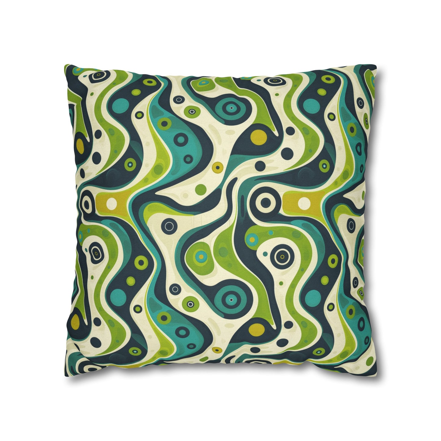 Groovy Retro Greens and Blues Abstract Waves Spun Polyester Square Pillowcase 4 Sizes