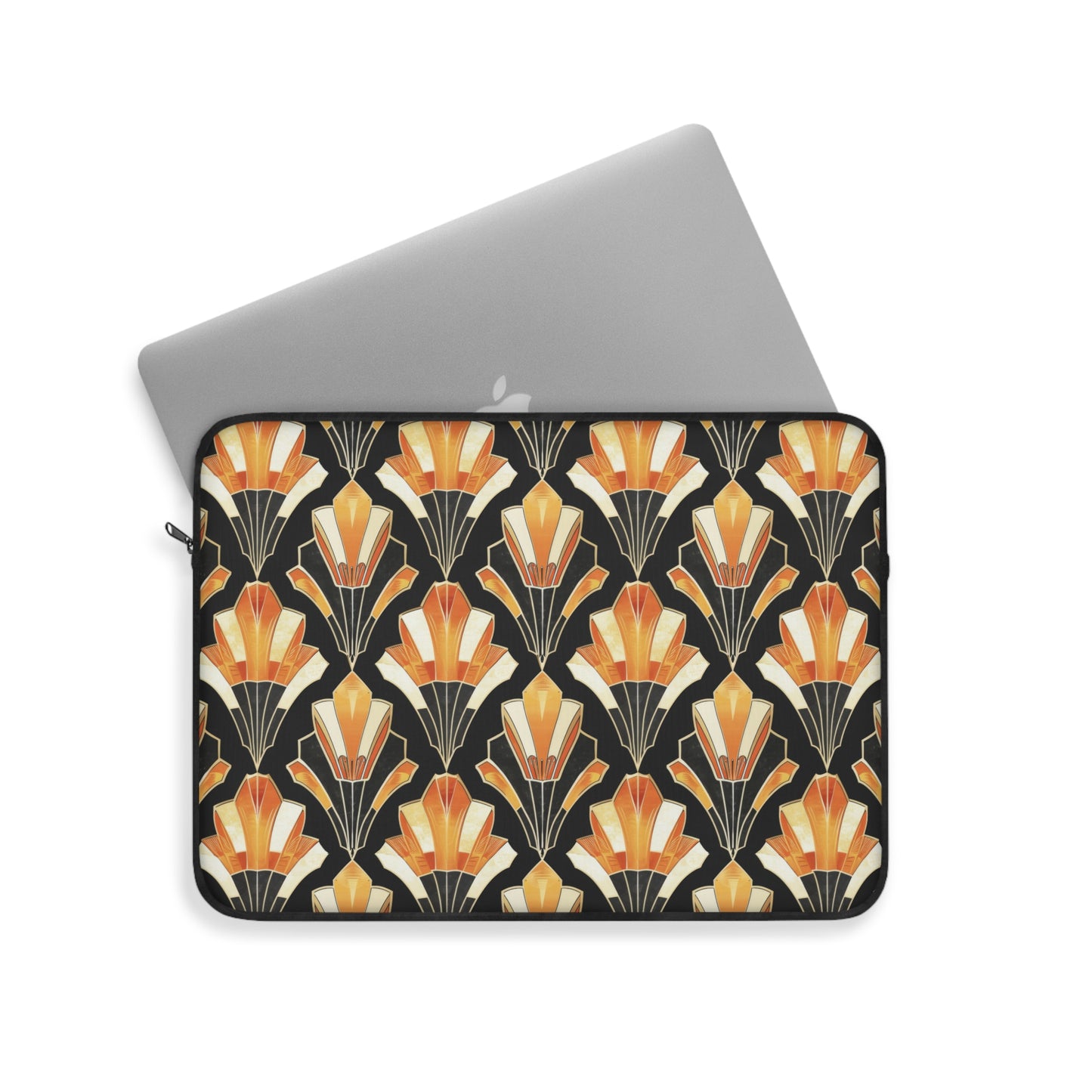 Art Deco Inspired Streamlined Geometric Florals in Orange and Black Laptop or Ipad Protective Sleeve 3 Sizes Available