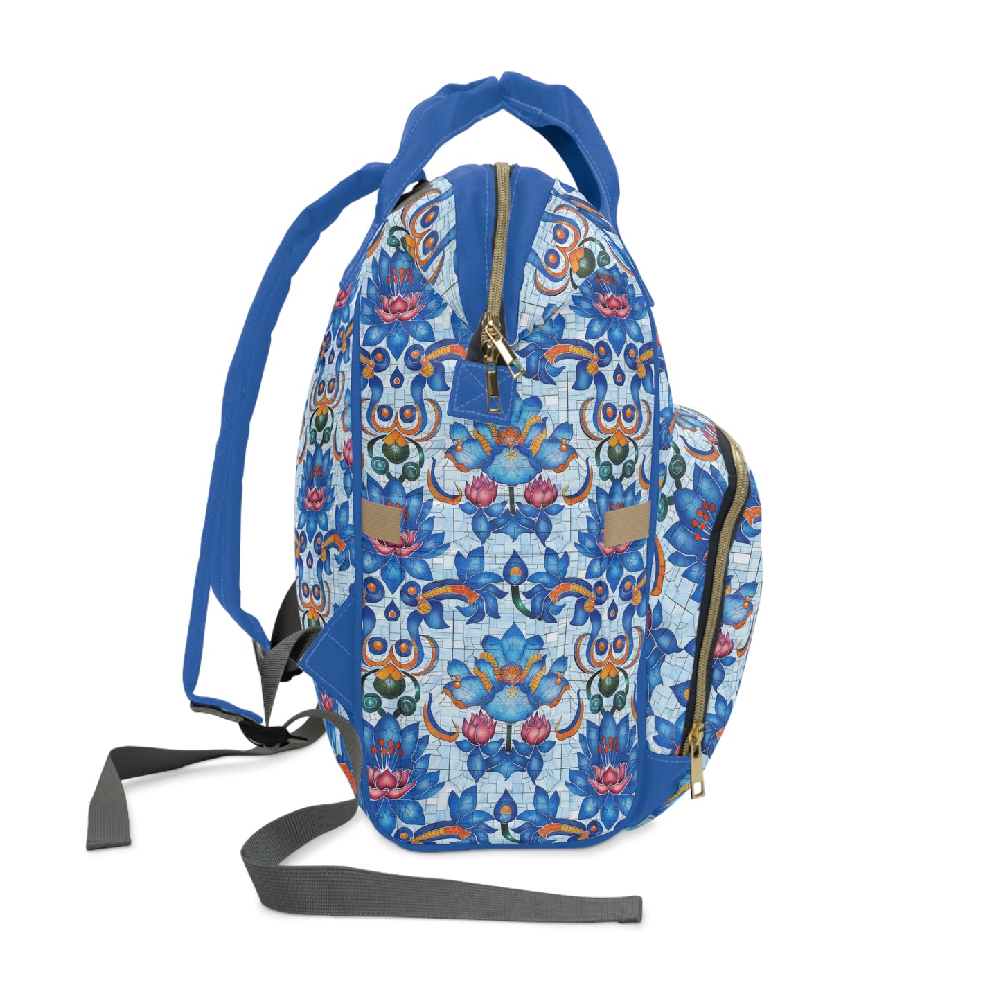 Majestic Mosaic Blossoms Vibrant Blue and Pink Floral Tile Design Multifunctional Diaper Backpack